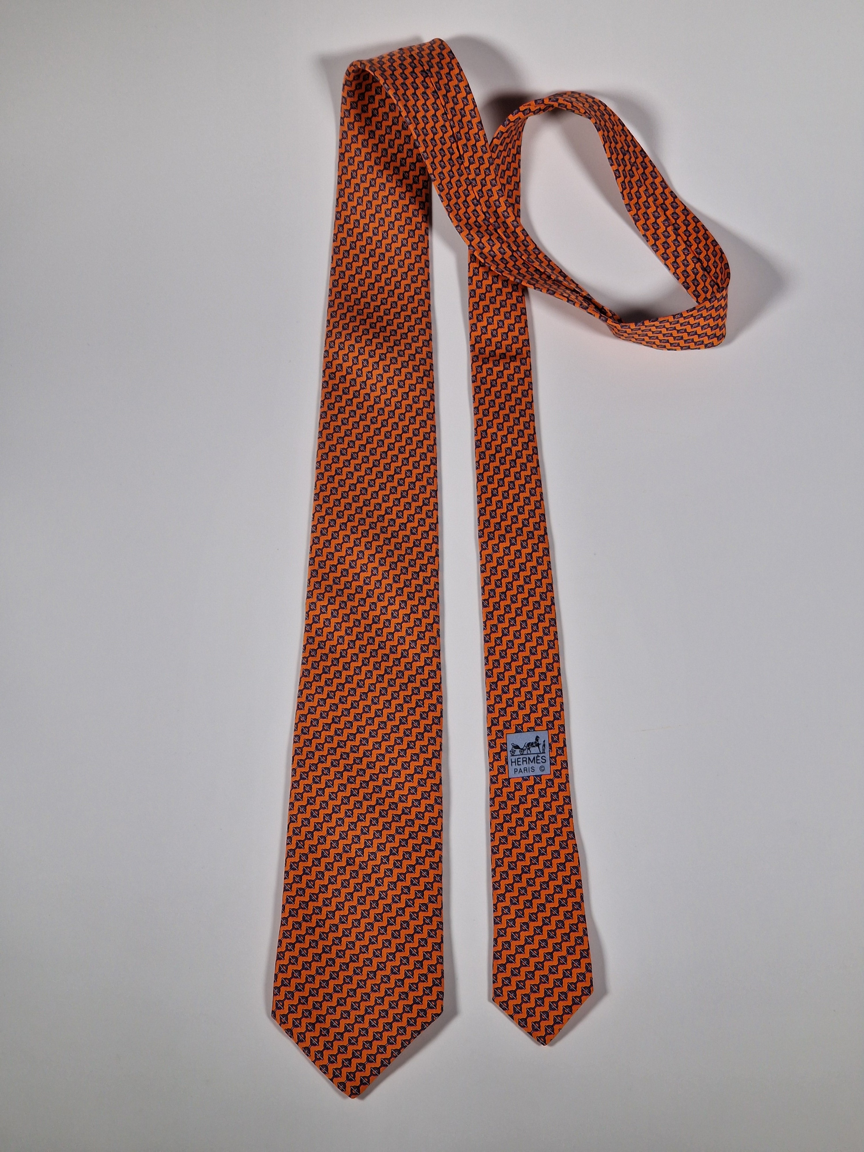 Hermès silk tie orange equestrian pattern 605778 HA