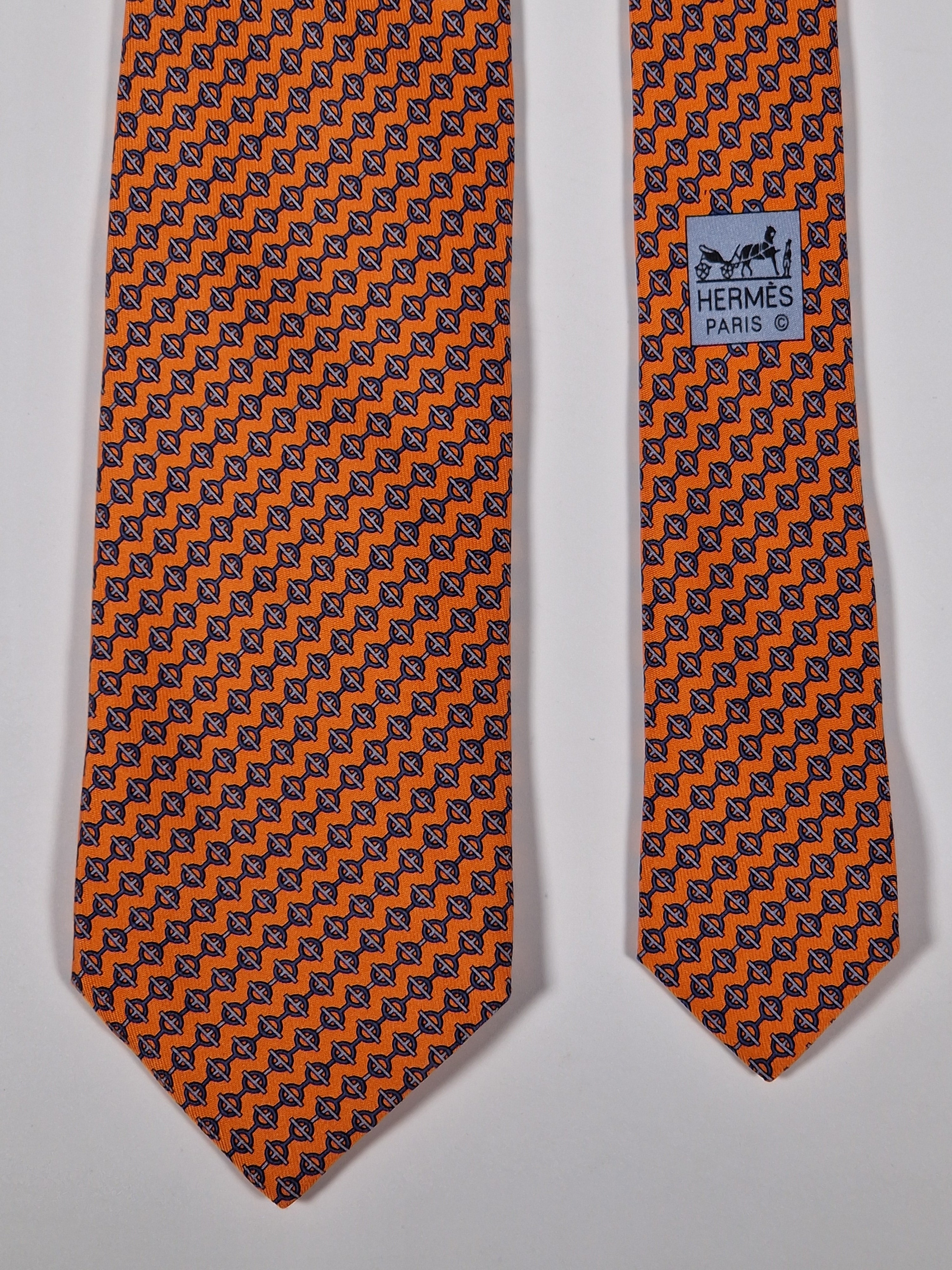 Hermès silk tie orange equestrian pattern 605778 HA