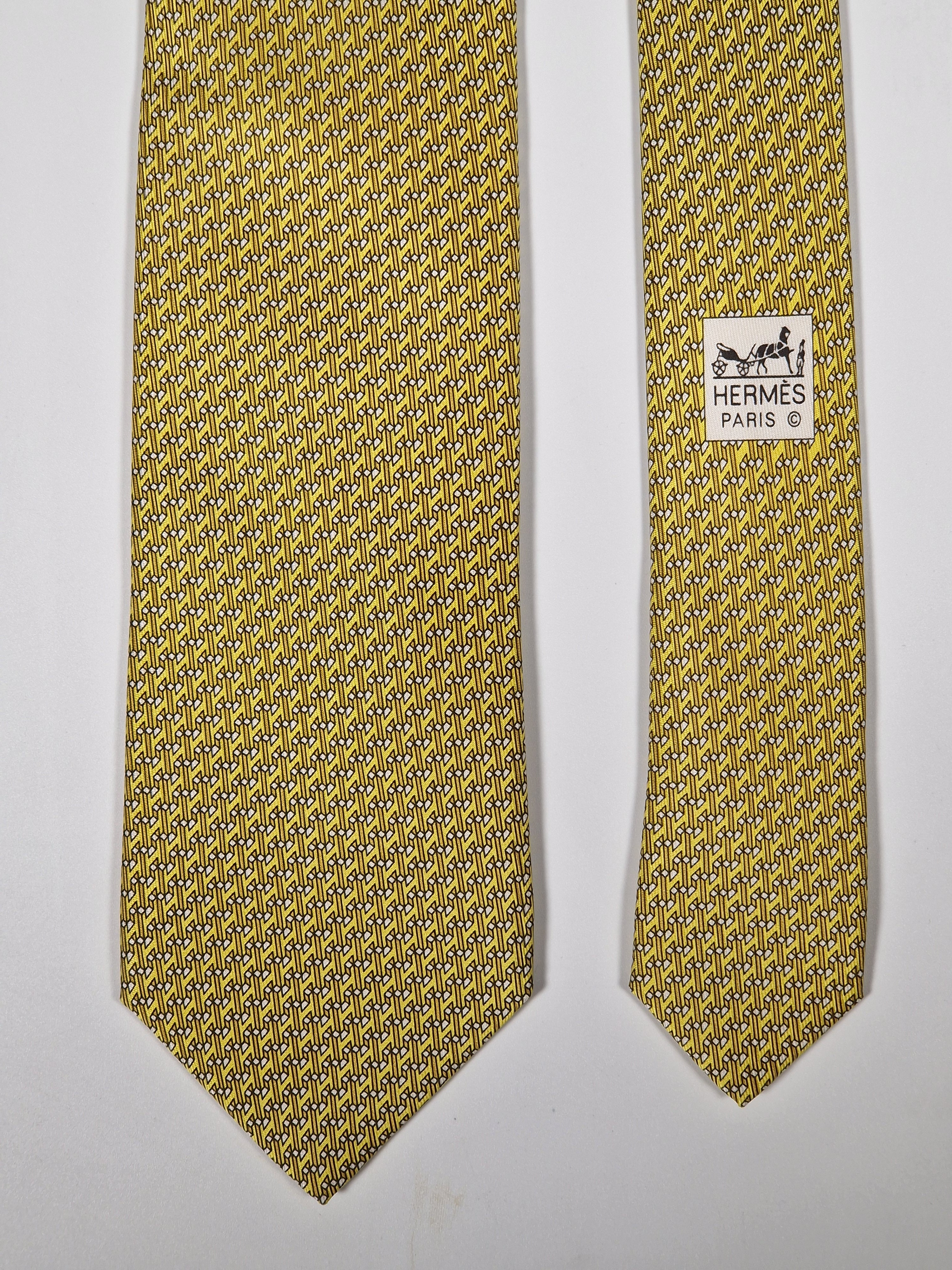 Hermès silk tie yellow H pattern 605806 IA