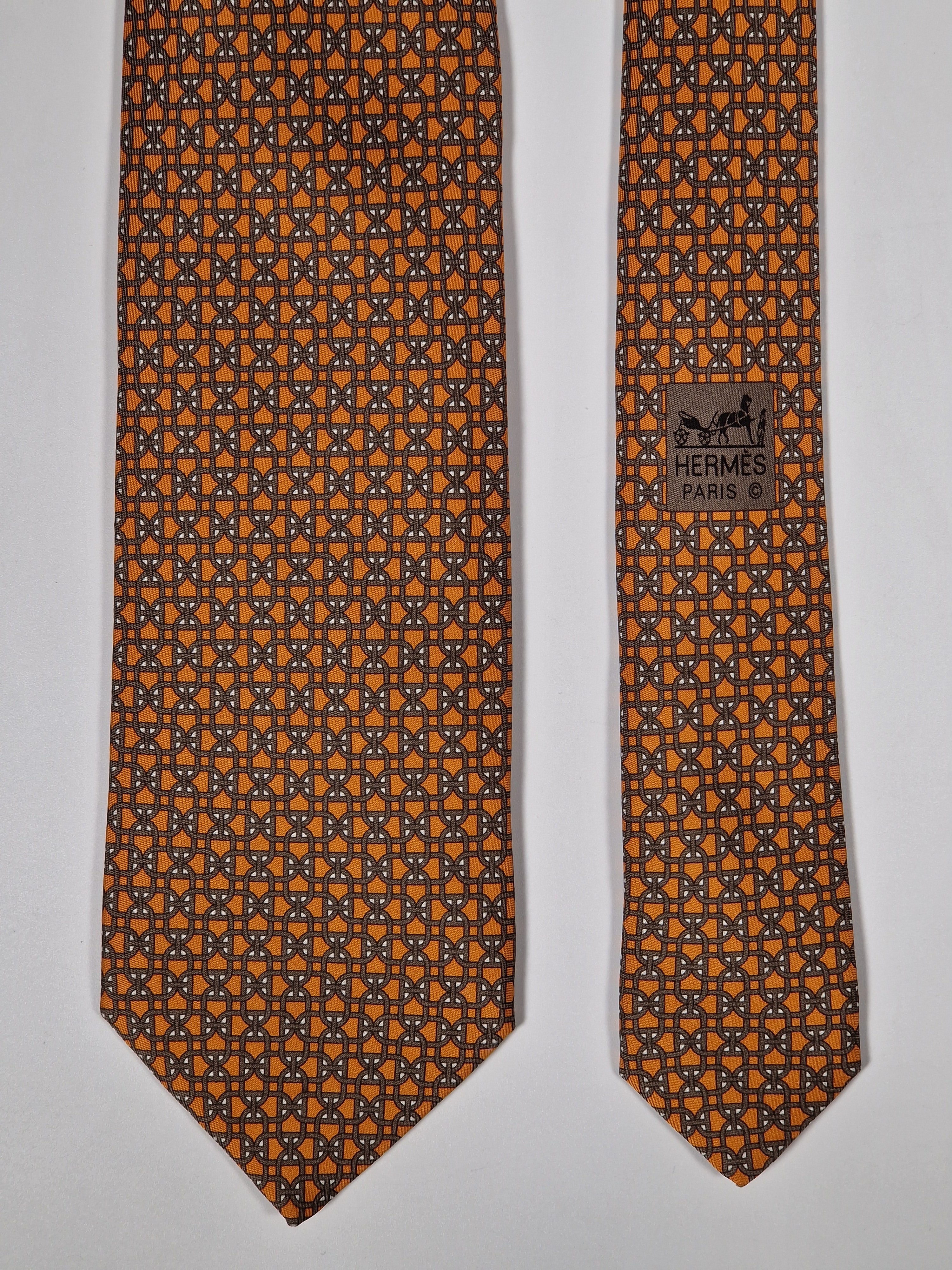 Hermès silk tie orange chain pattern 605824 IA