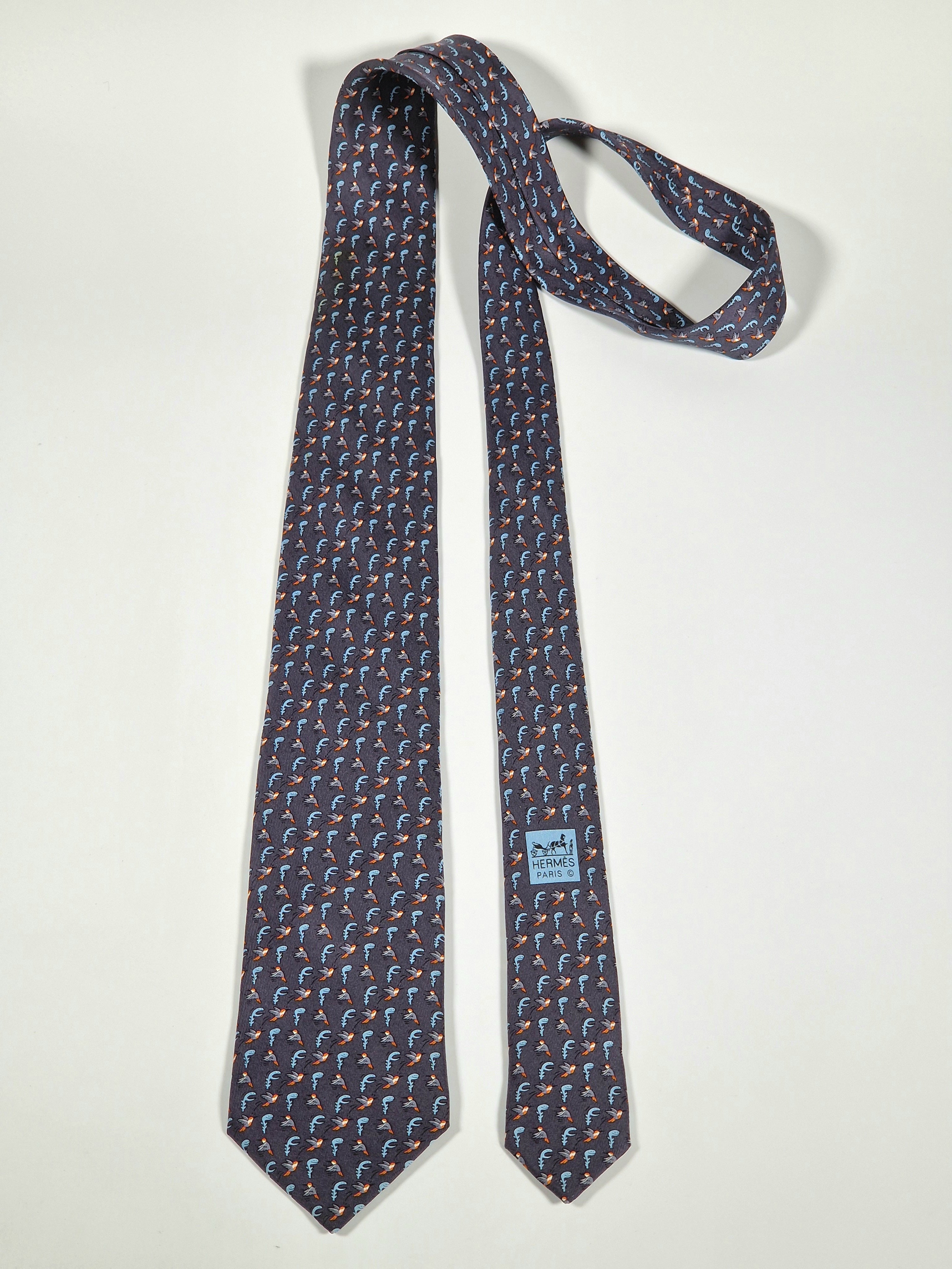 Hermés grey silk tie with bird and plant 605894 SA