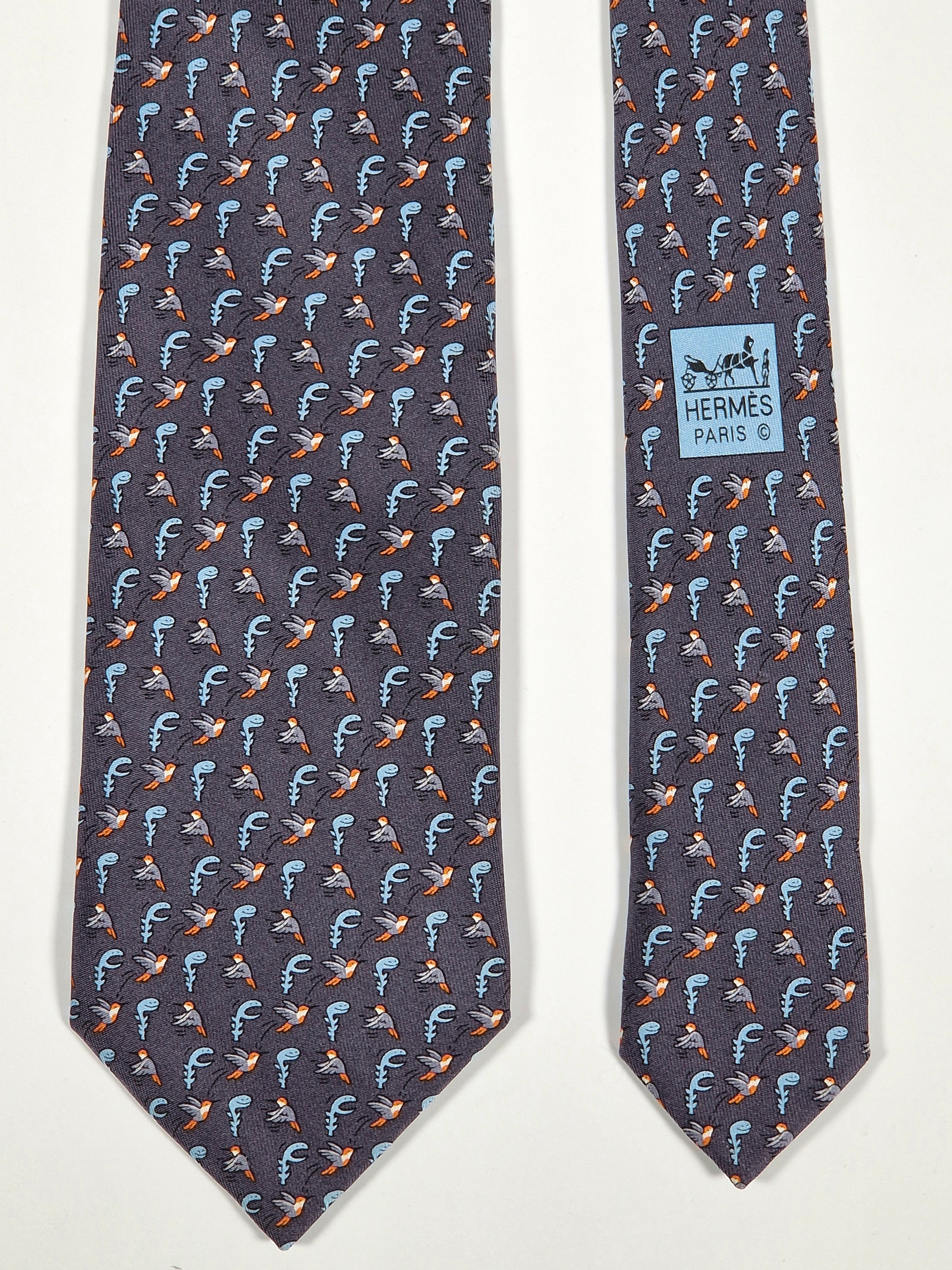 Hermés grey silk tie with bird and plant 605894 SA