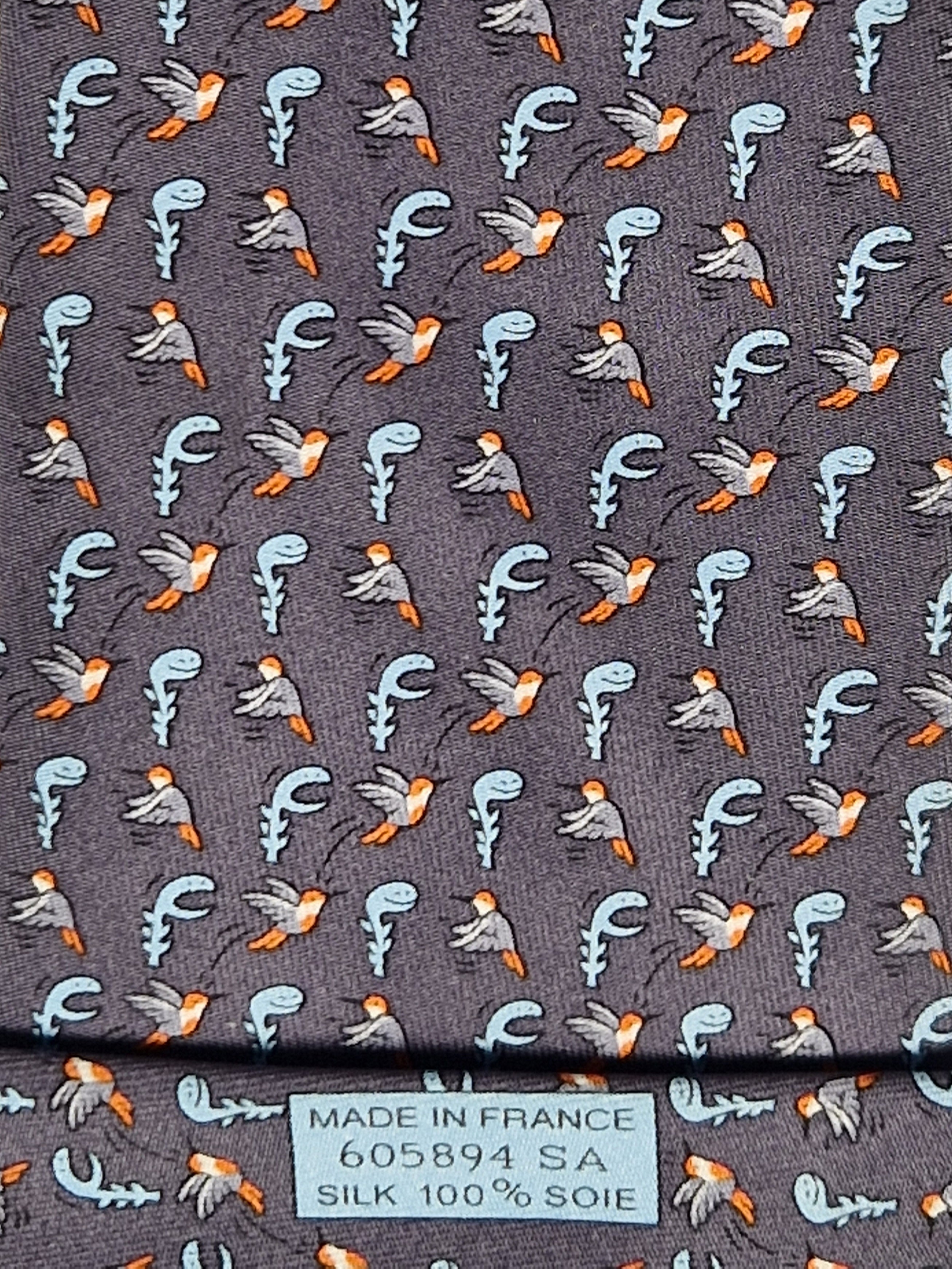 Hermés grey silk tie with bird and plant 605894 SA
