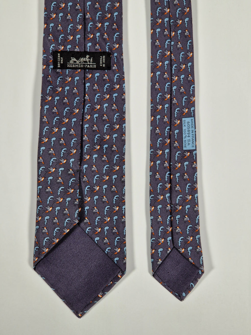 Hermés grey silk tie with bird and plant 605894 SA