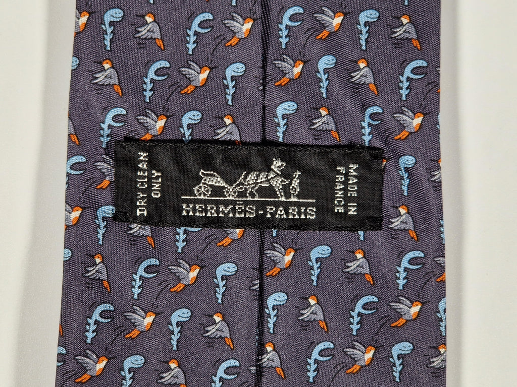 Hermés grey silk tie with bird and plant 605894 SA