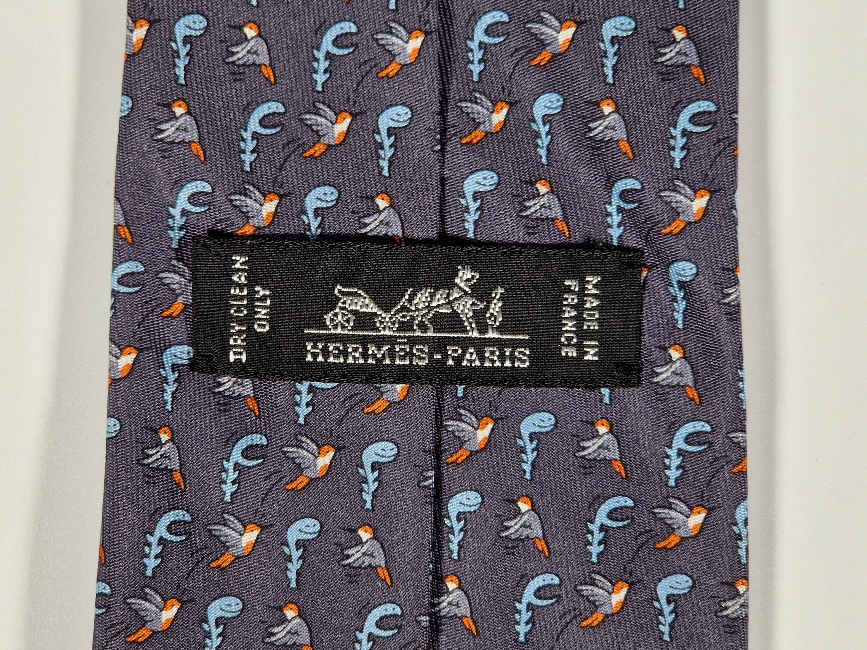 Hermés grey silk tie with bird and plant 605894 SA