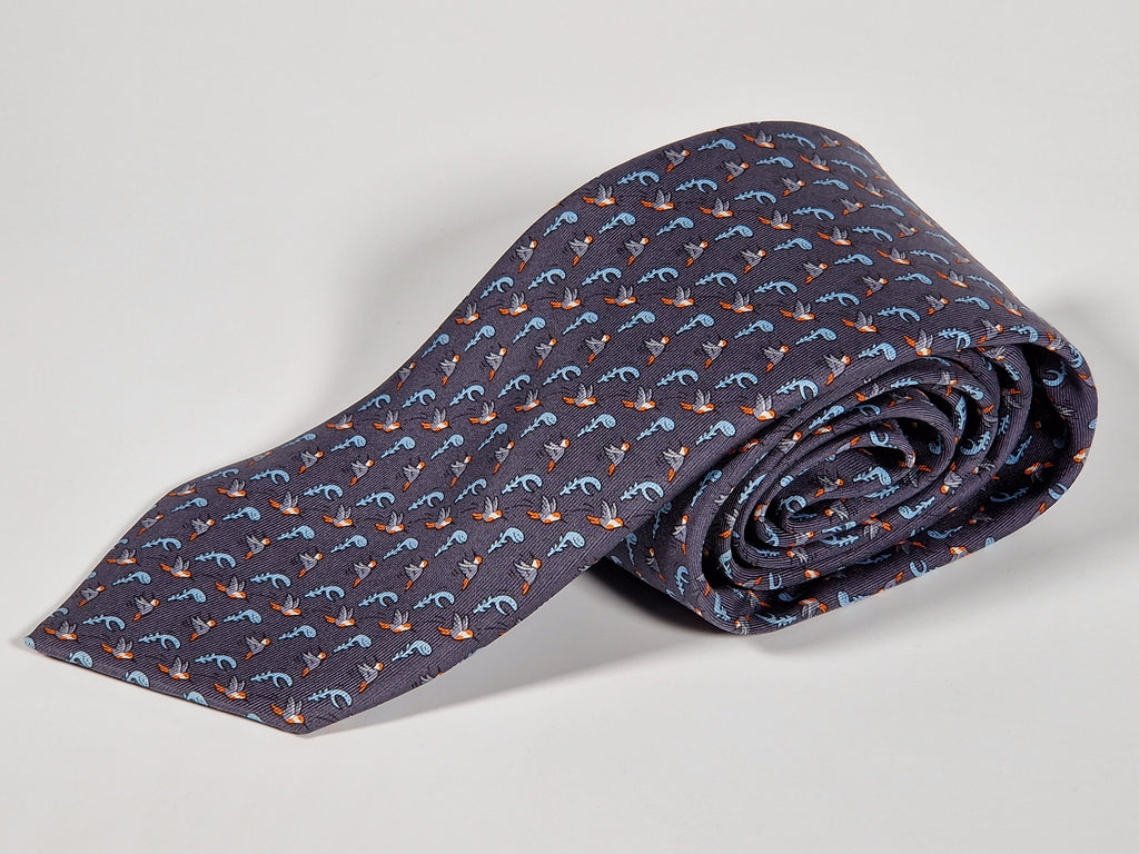 Hermés grey silk tie with bird and plant 605894 SA