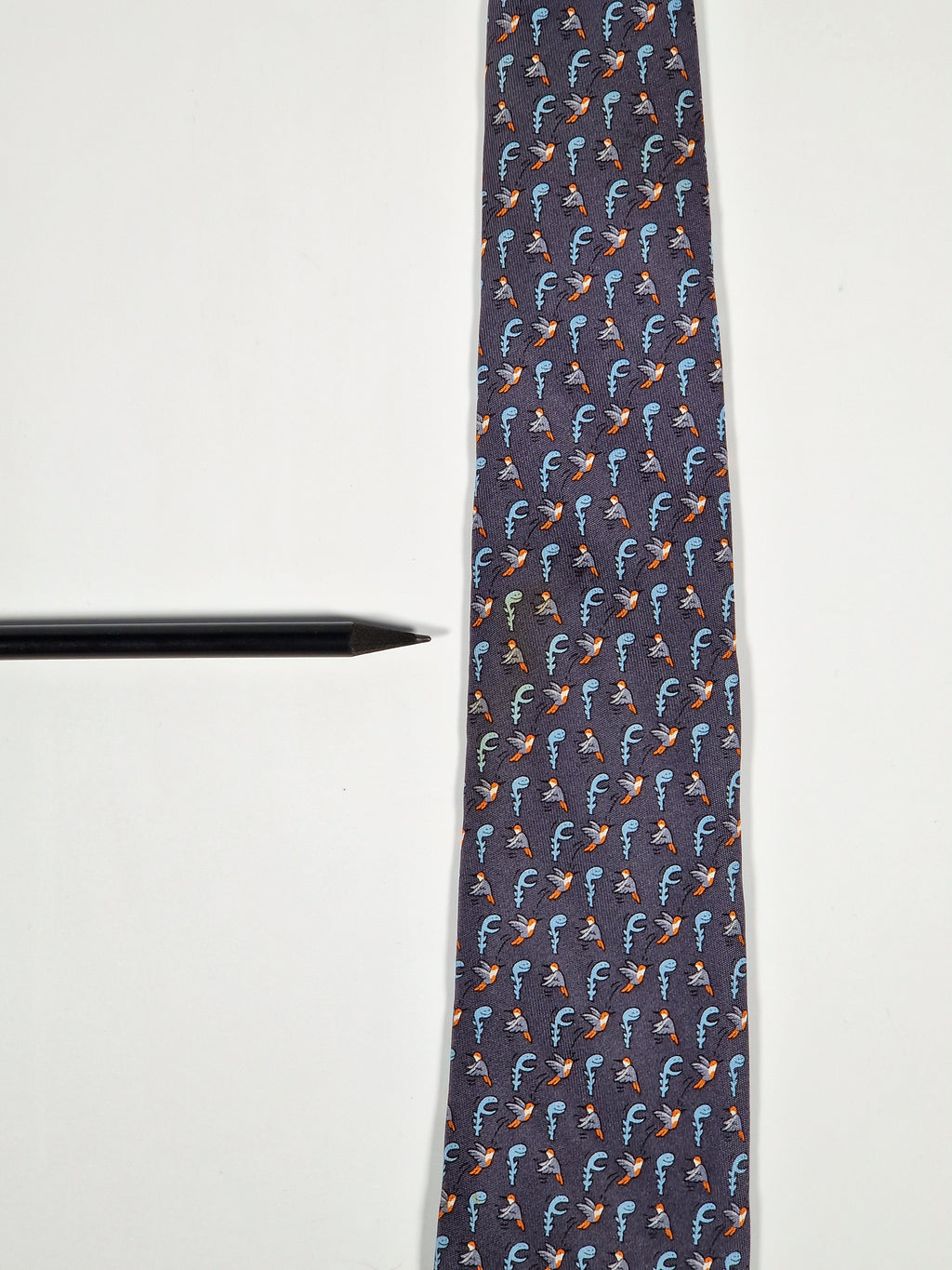 Hermés grey silk tie with bird and plant 605894 SA