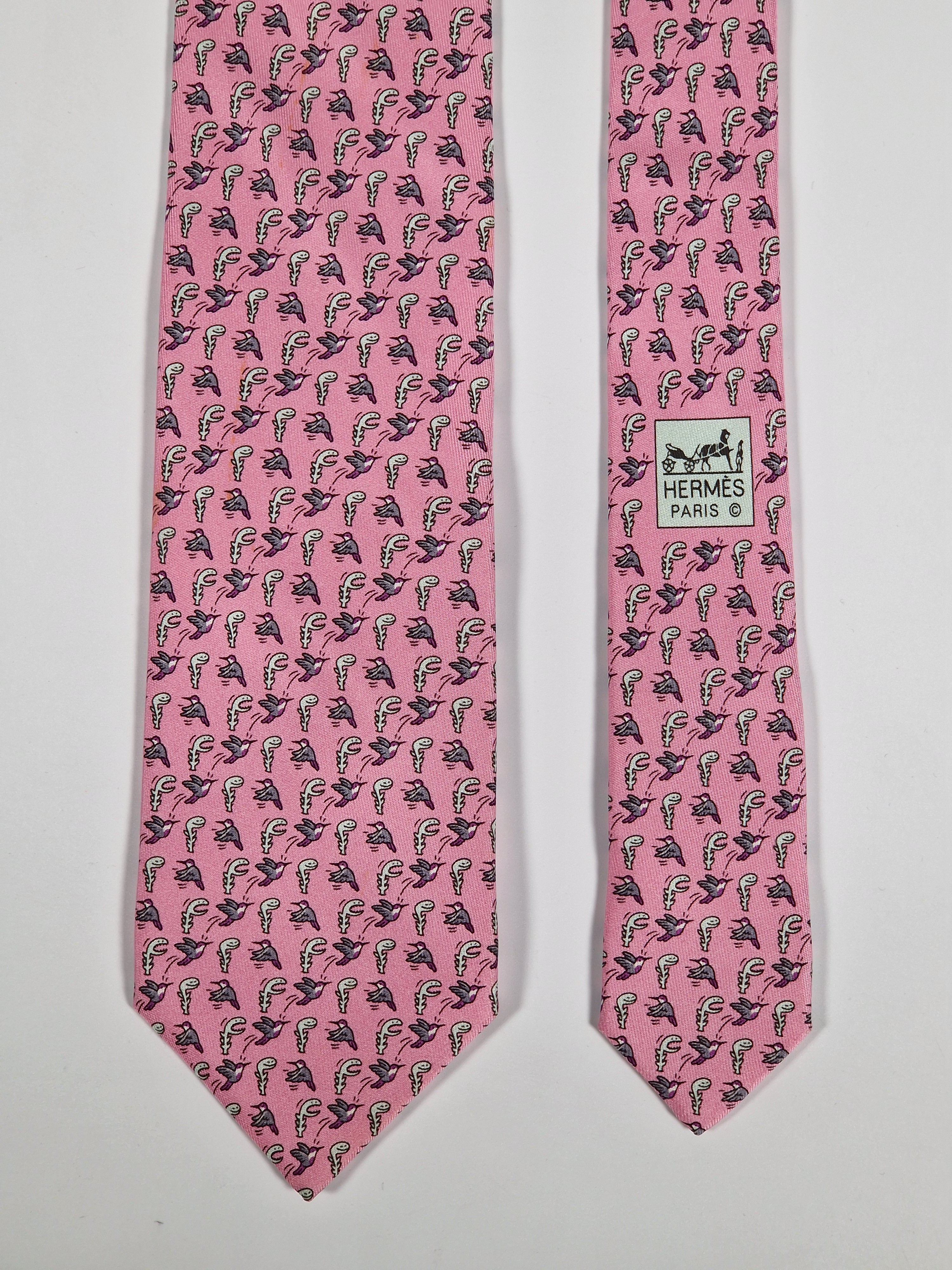 Hermès Whimsical pink silk tie, bird and plant 605894 SA
