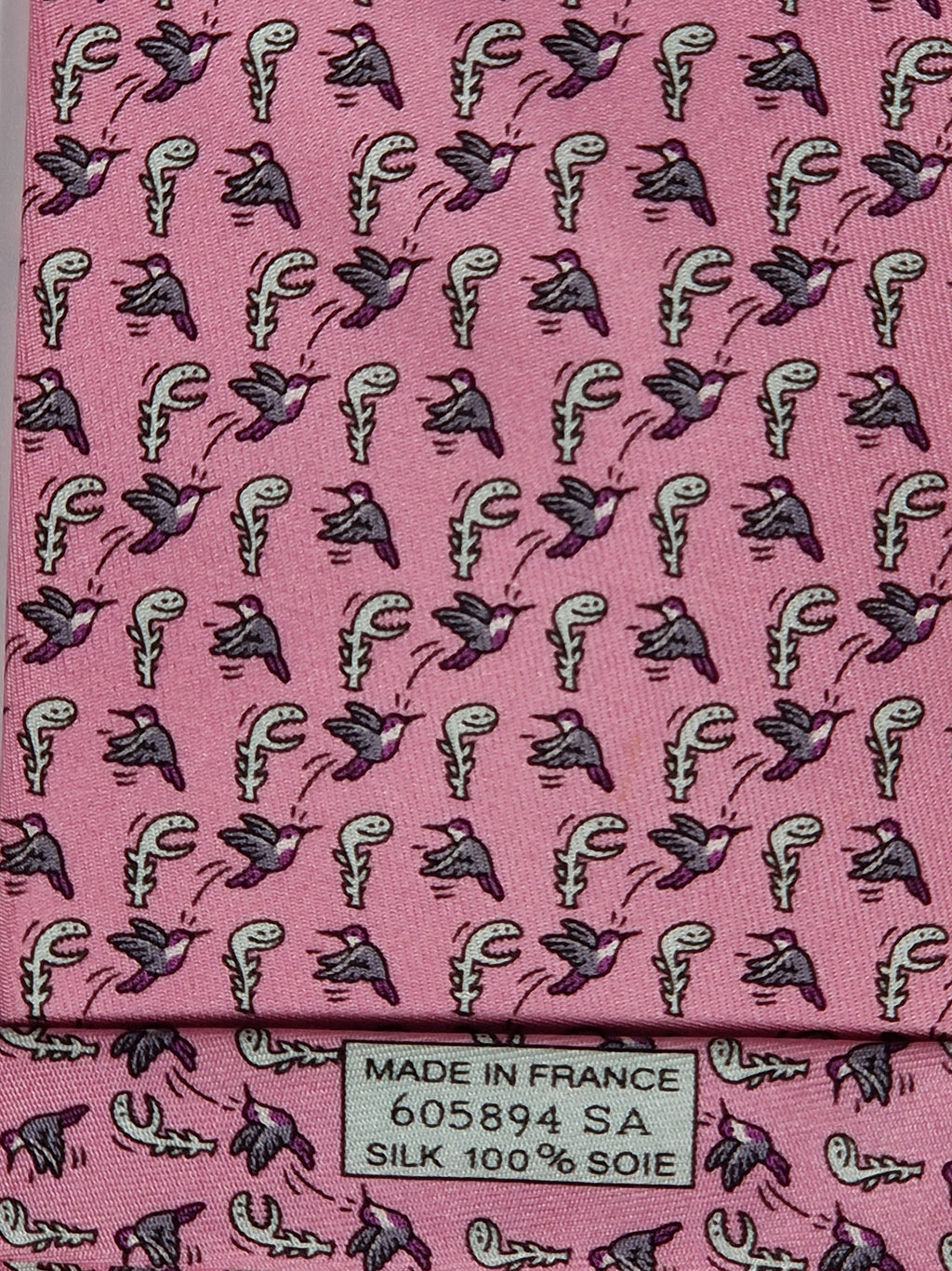 Hermès Whimsical pink silk tie, bird and plant 605894 SA