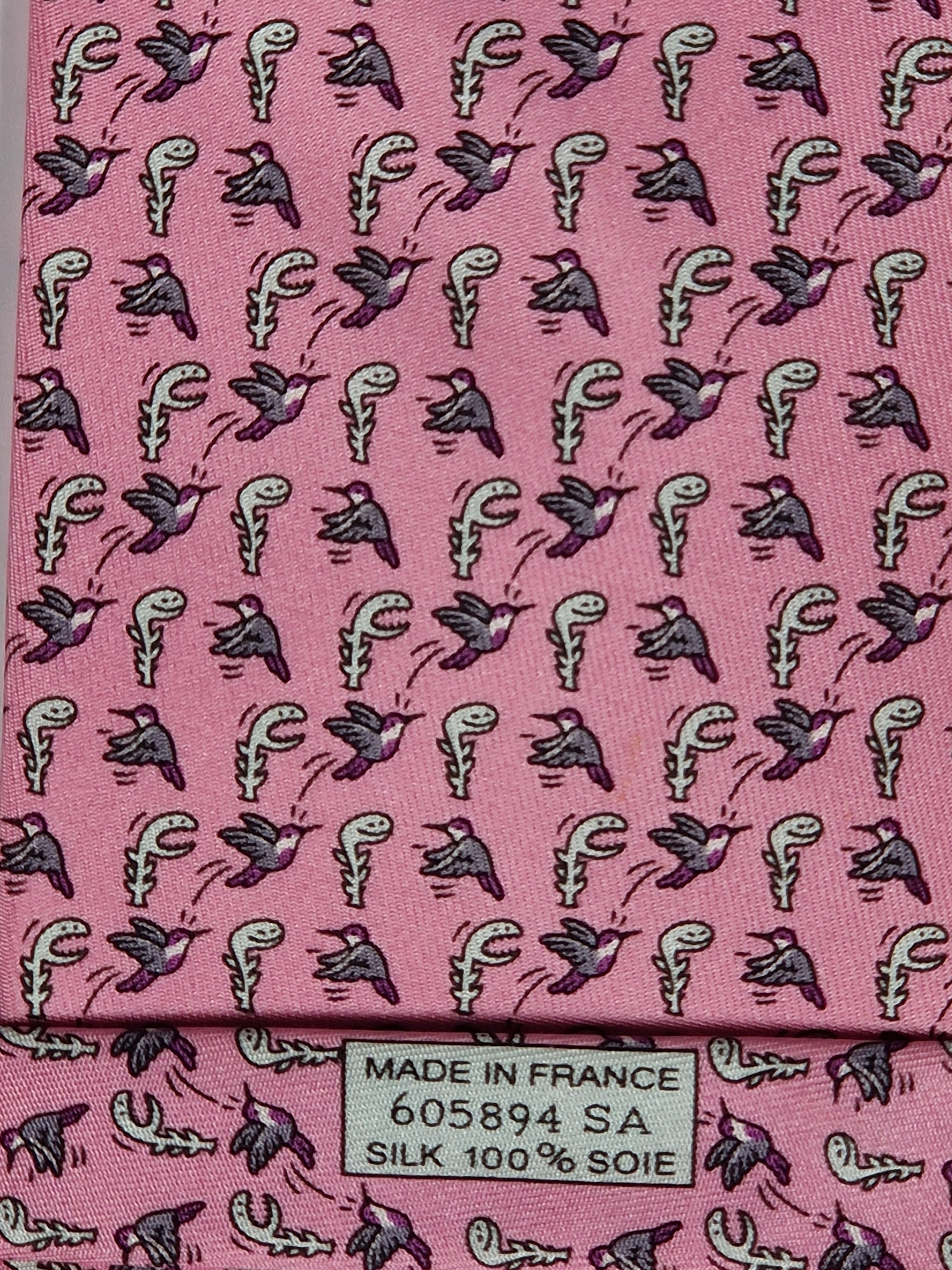 Hermès Whimsical pink silk tie, bird and plant 605894 SA