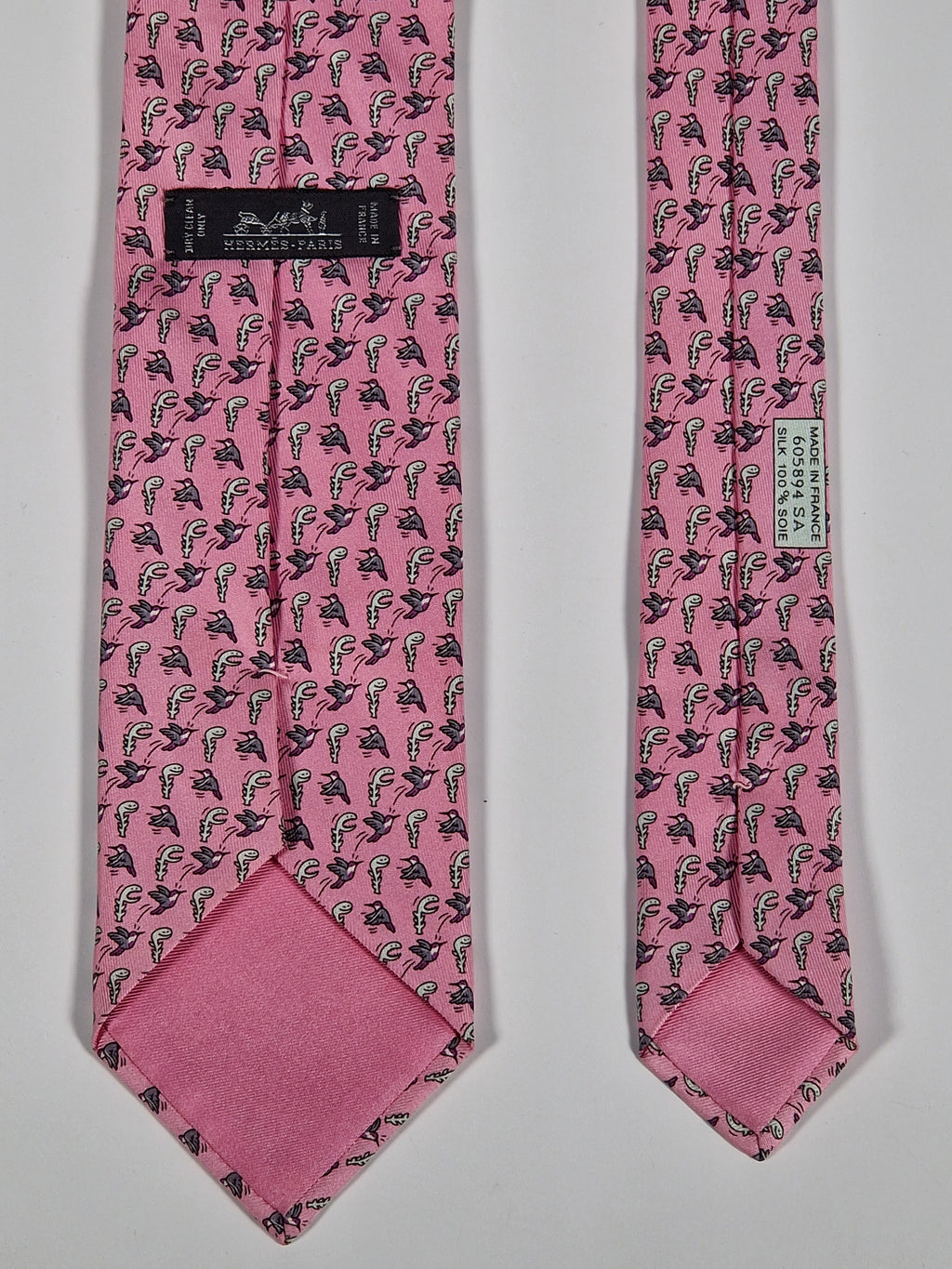 Hermès Whimsical pink silk tie, bird and plant 605894 SA