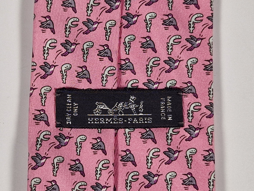 Hermès Whimsical pink silk tie, bird and plant 605894 SA
