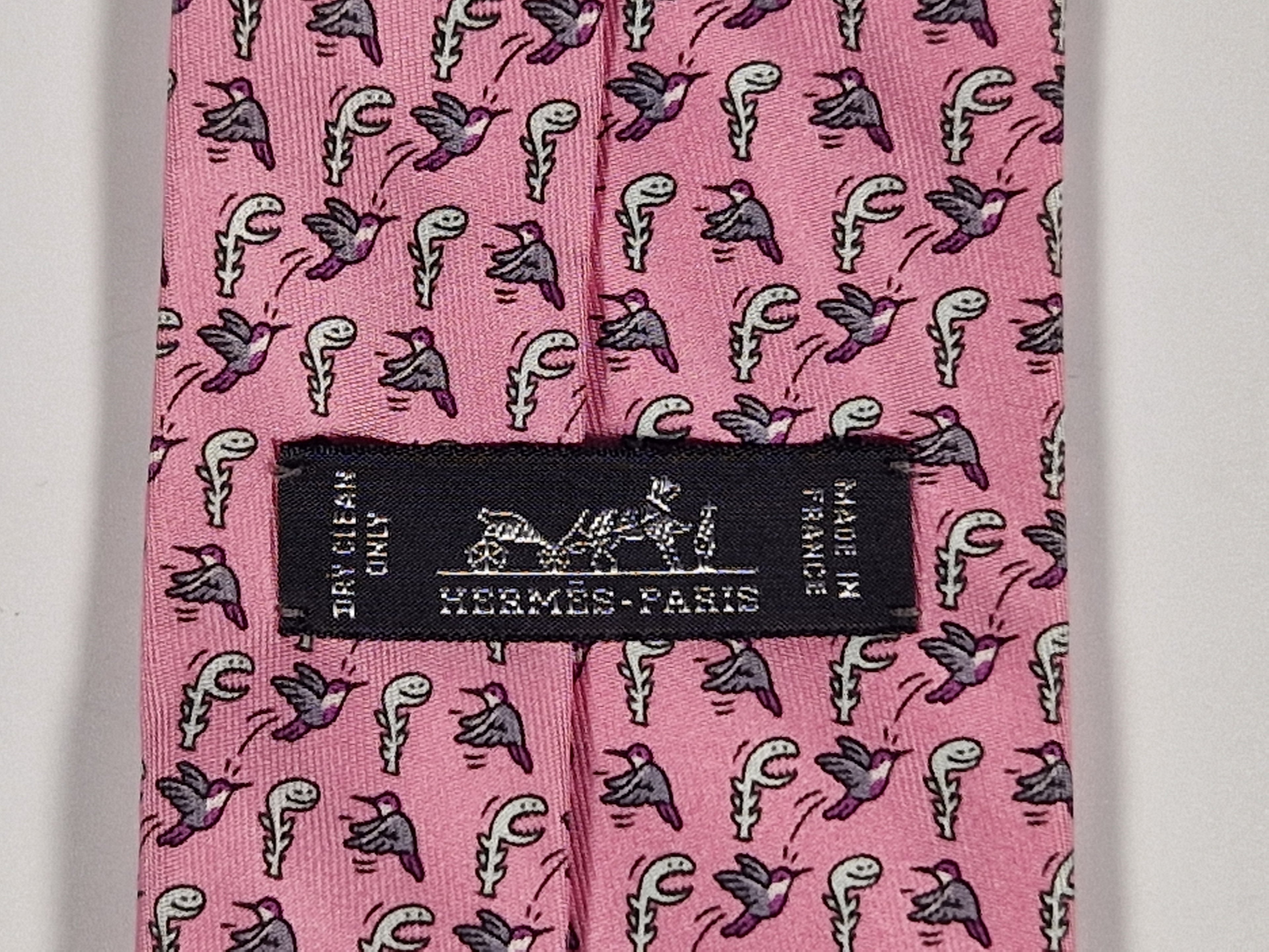 Hermès Whimsical pink silk tie, bird and plant 605894 SA