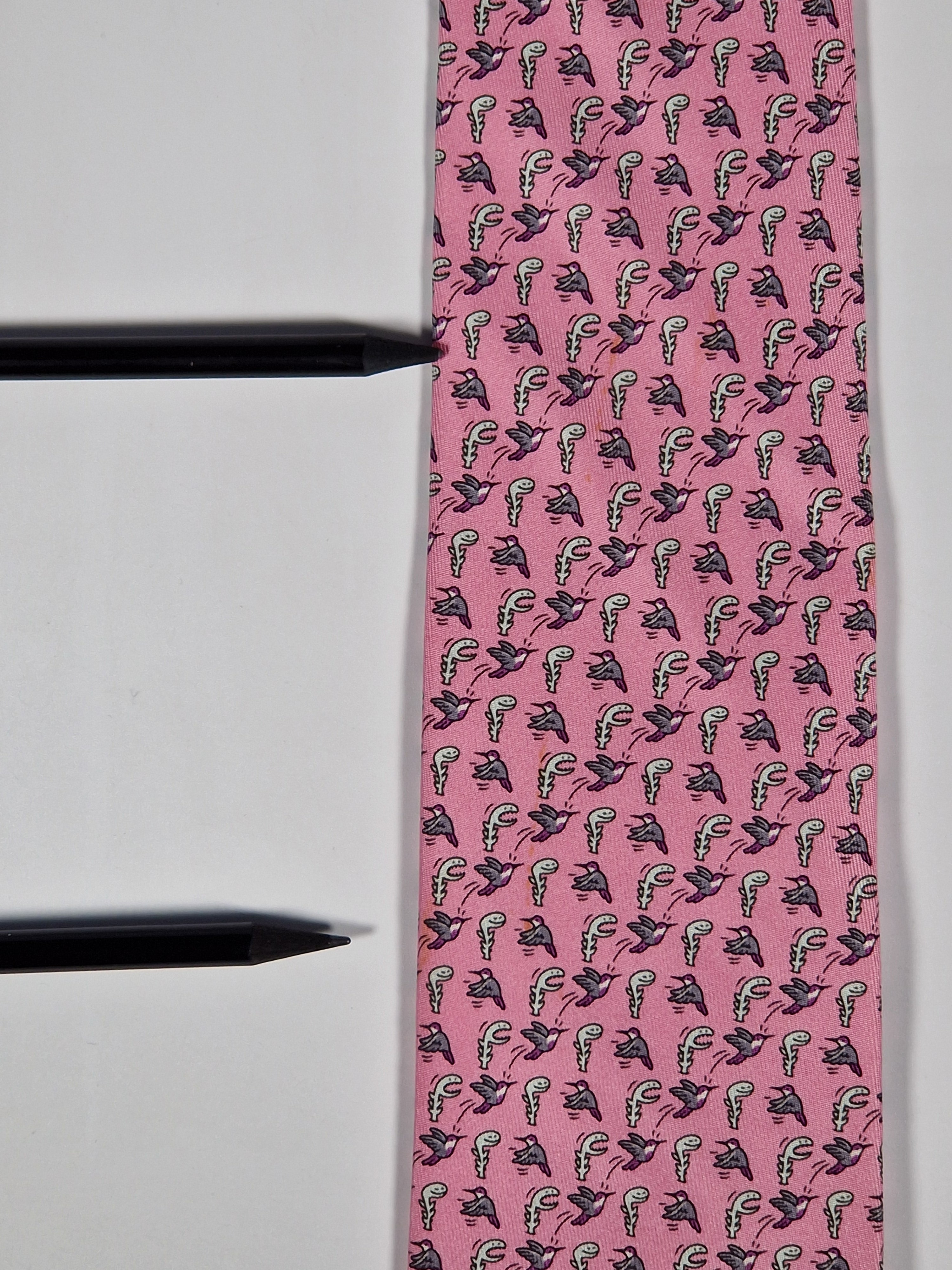 Hermès Whimsical pink silk tie, bird and plant 605894 SA