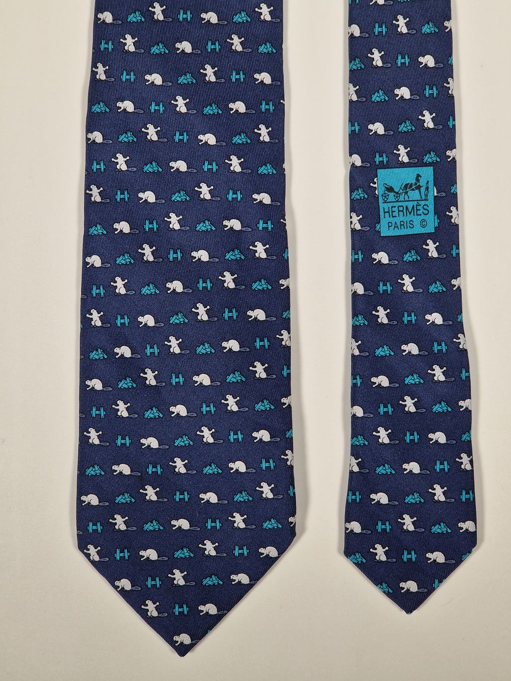 Hermès silk tie blue beaver and H pattern whimsical 605909 SA