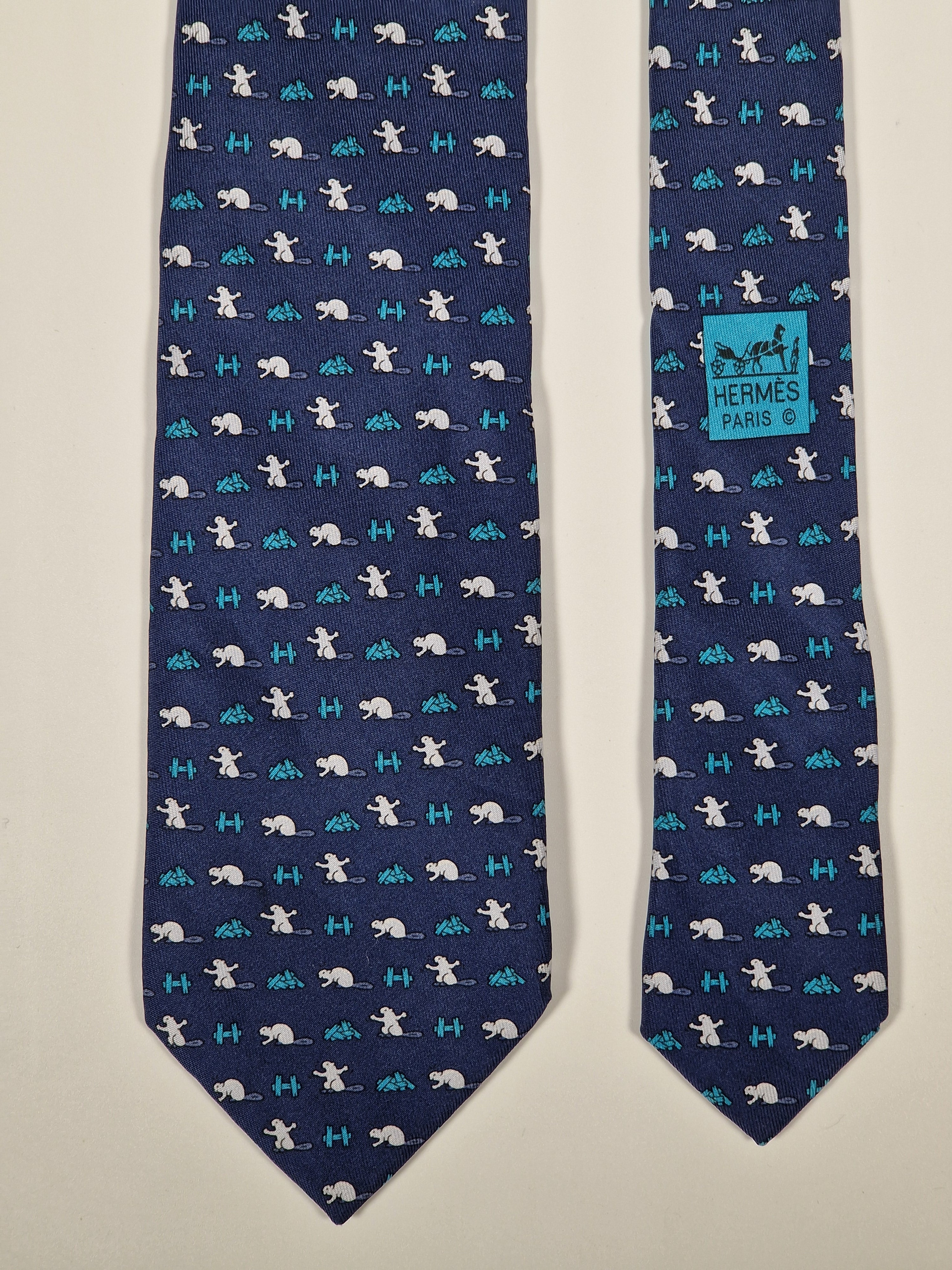 Hermès silk tie blue beaver and H pattern whimsical 605909 SA