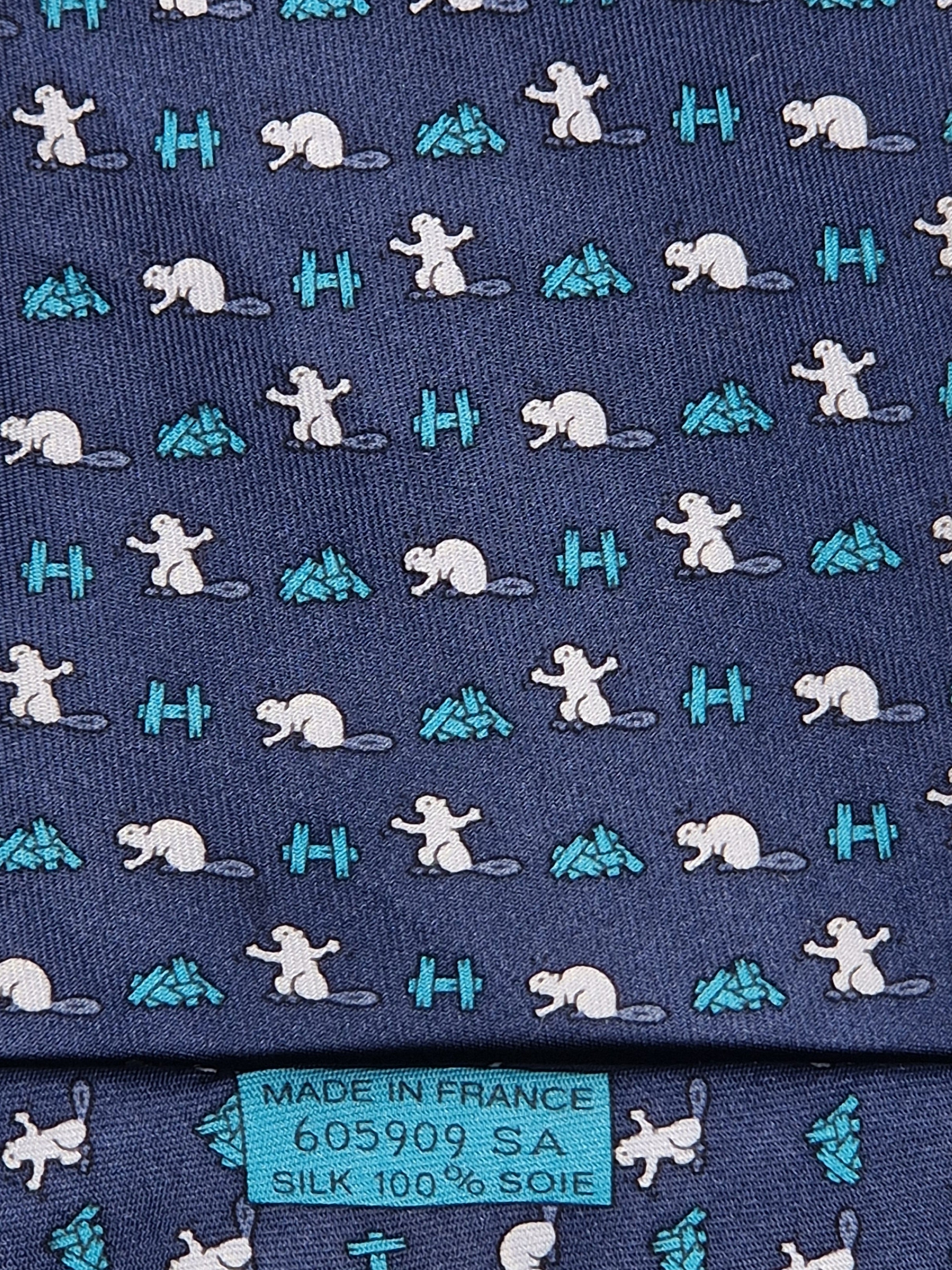 Hermès silk tie blue beaver and H pattern whimsical 605909 SA