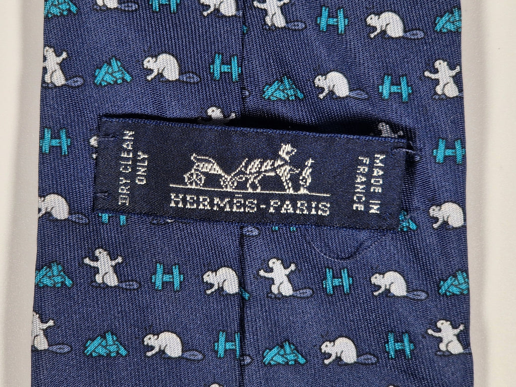 Hermès silk tie blue beaver and H pattern whimsical 605909 SA