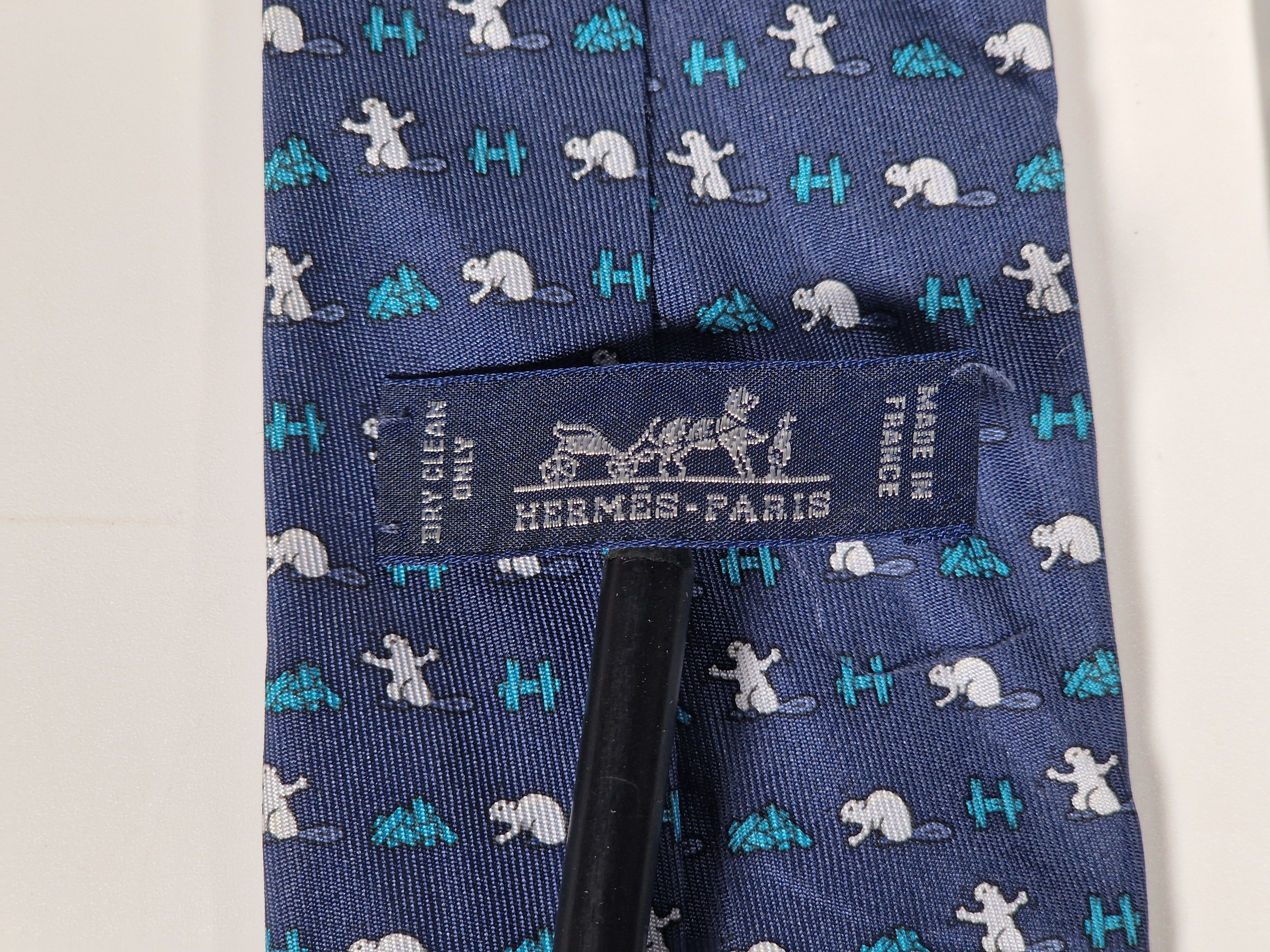Hermès silk tie blue beaver and H pattern whimsical 605909 SA