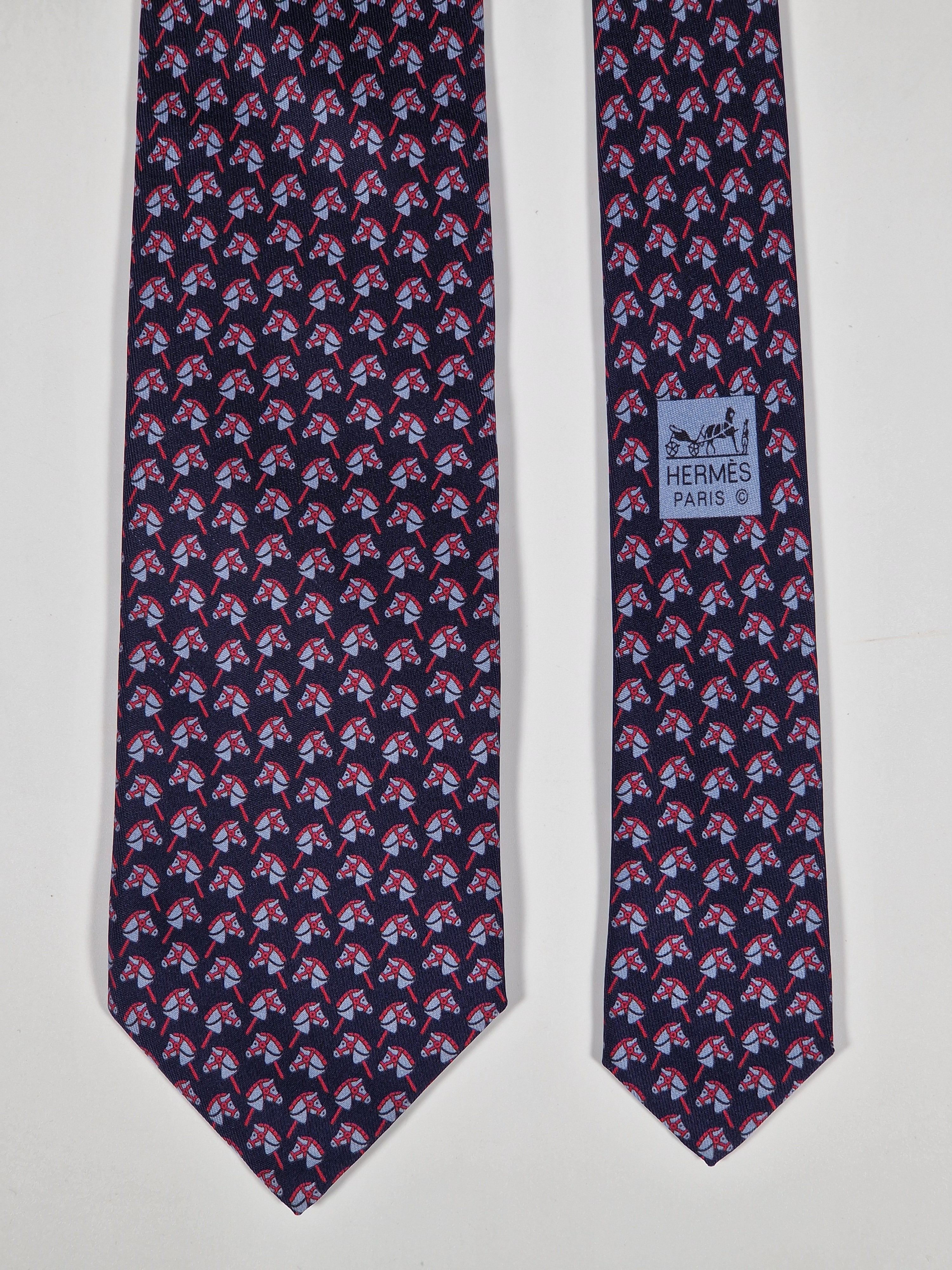 Hermès silk tie blue hobbyhorse equestrian pattern 605941 TA