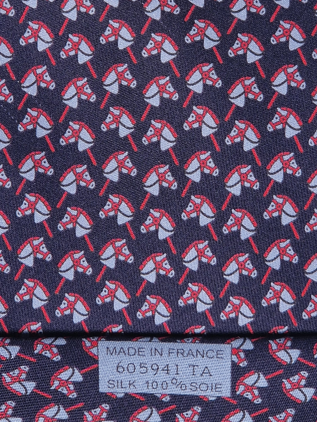 Hermès silk tie blue hobbyhorse equestrian pattern 605941 TA