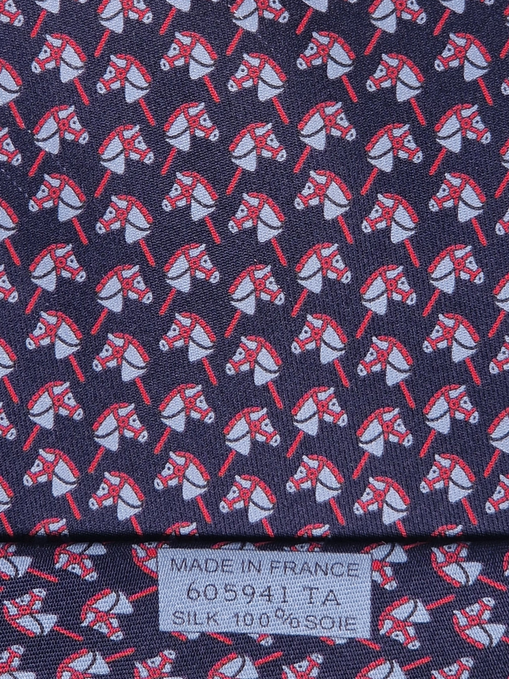 Hermès silk tie blue hobbyhorse equestrian pattern 605941 TA