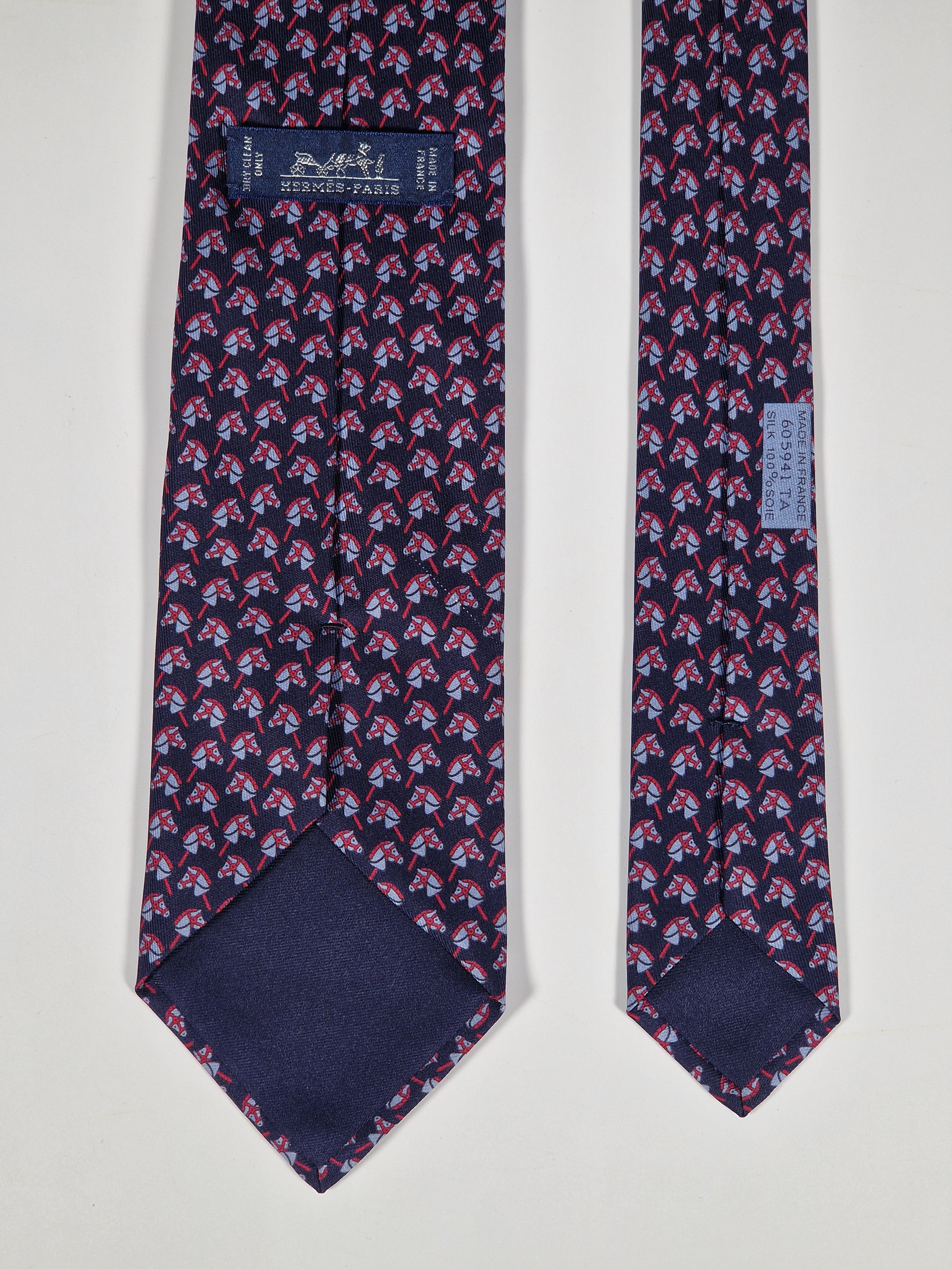 Hermès silk tie blue hobbyhorse equestrian pattern 605941 TA