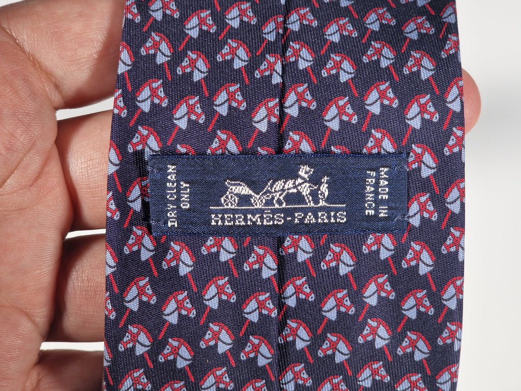 Hermès silk tie blue hobbyhorse equestrian pattern 605941 TA