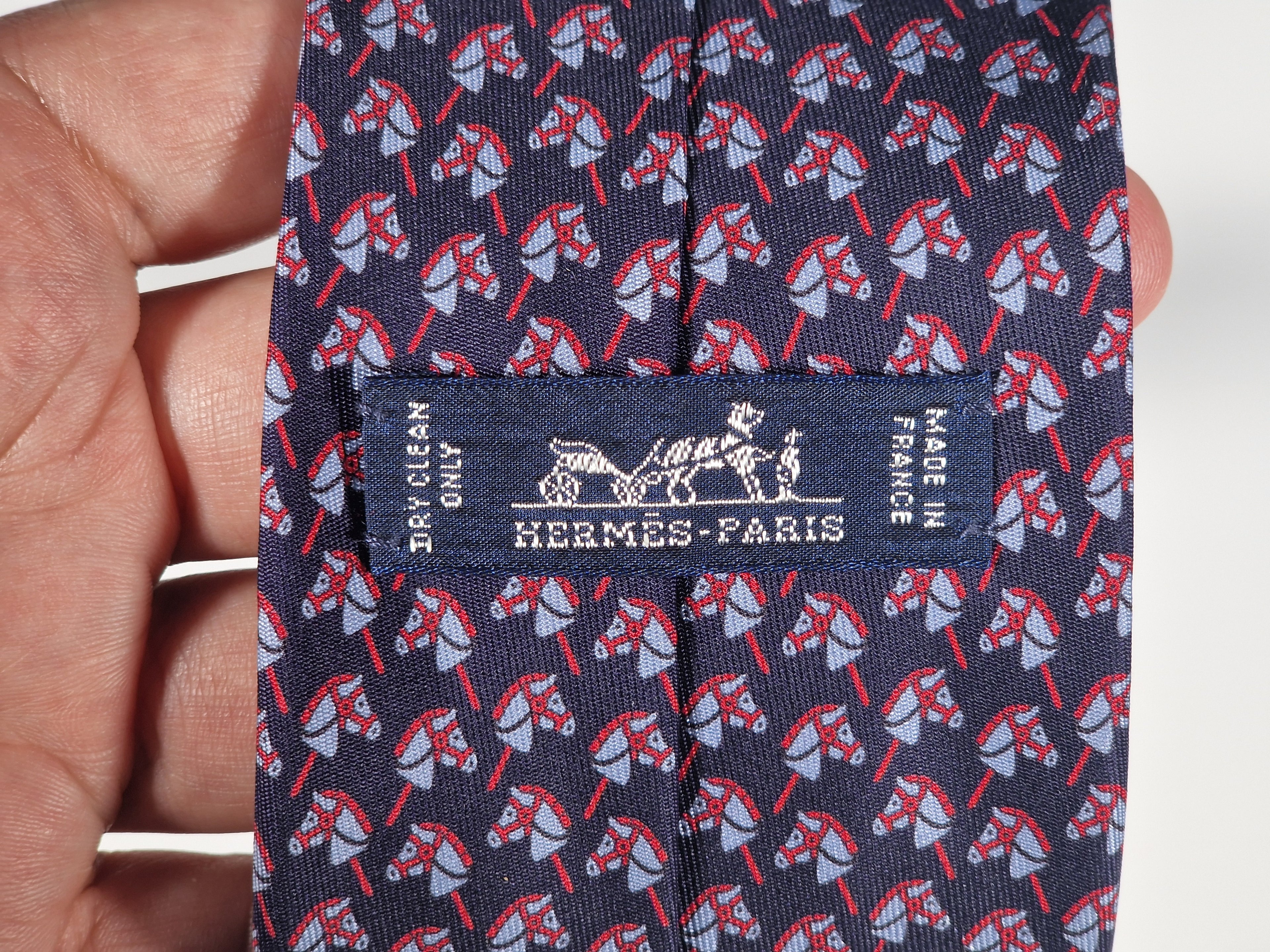 Hermès silk tie blue hobbyhorse equestrian pattern 605941 TA