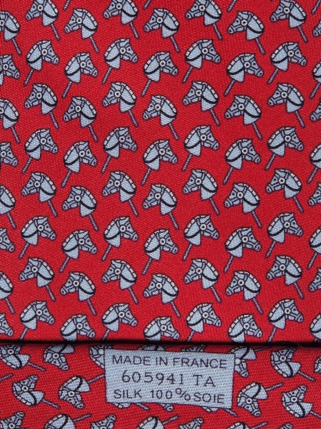 Hermès silk tie red hobbyhorse equestrian pattern 605941 TA