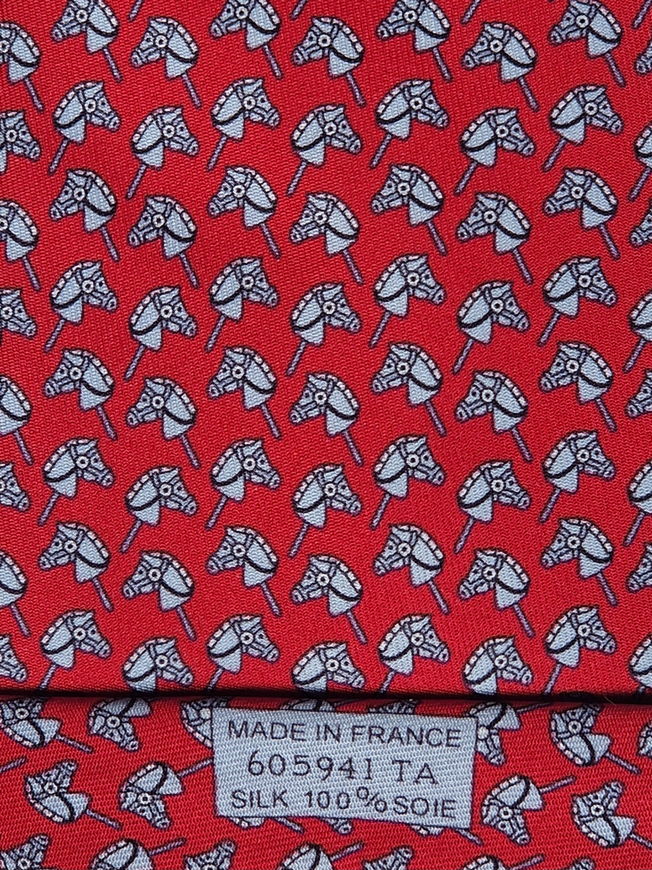 Hermès silk tie red hobbyhorse equestrian pattern 605941 TA