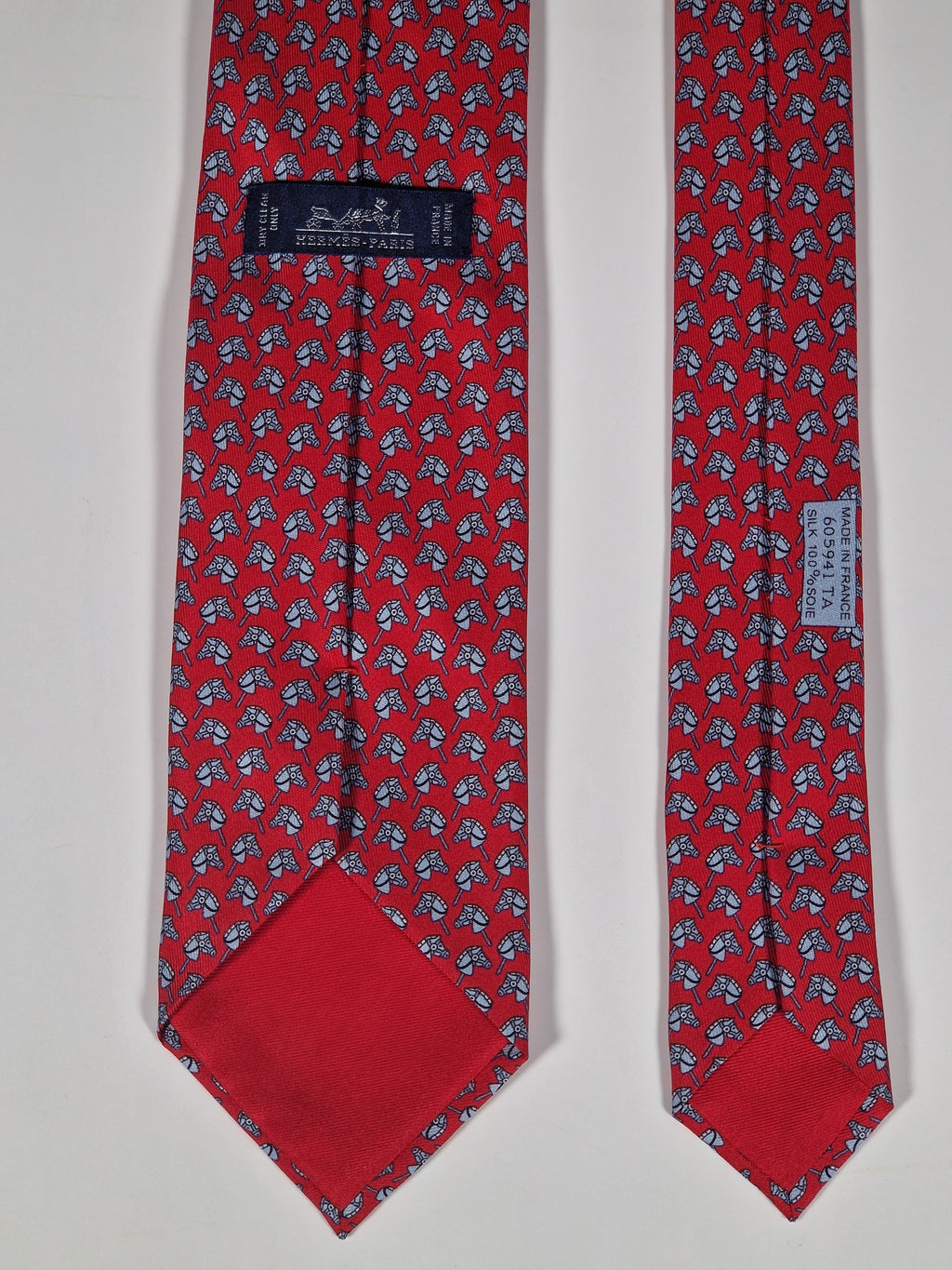 Hermès silk tie red hobbyhorse equestrian pattern 605941 TA