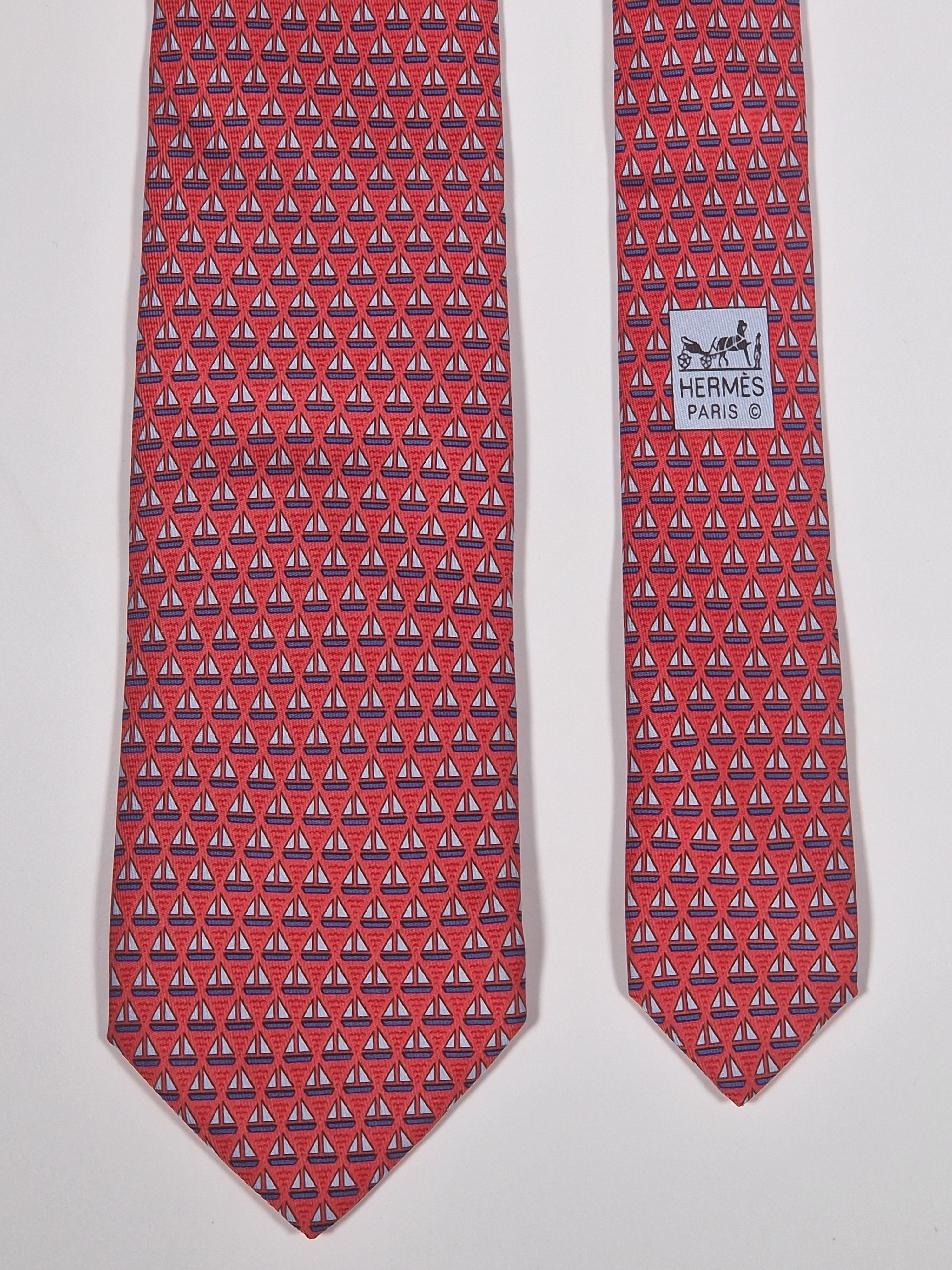 605951 Hermès silk tie red whimsical sailing boats 605951 TA