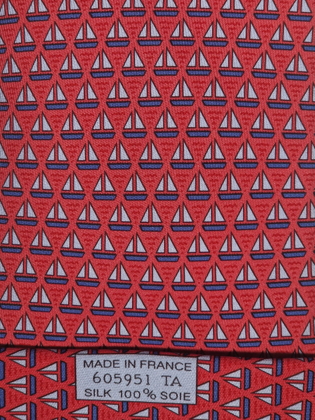 605951 Hermès silk tie red whimsical sailing boats 605951 TA