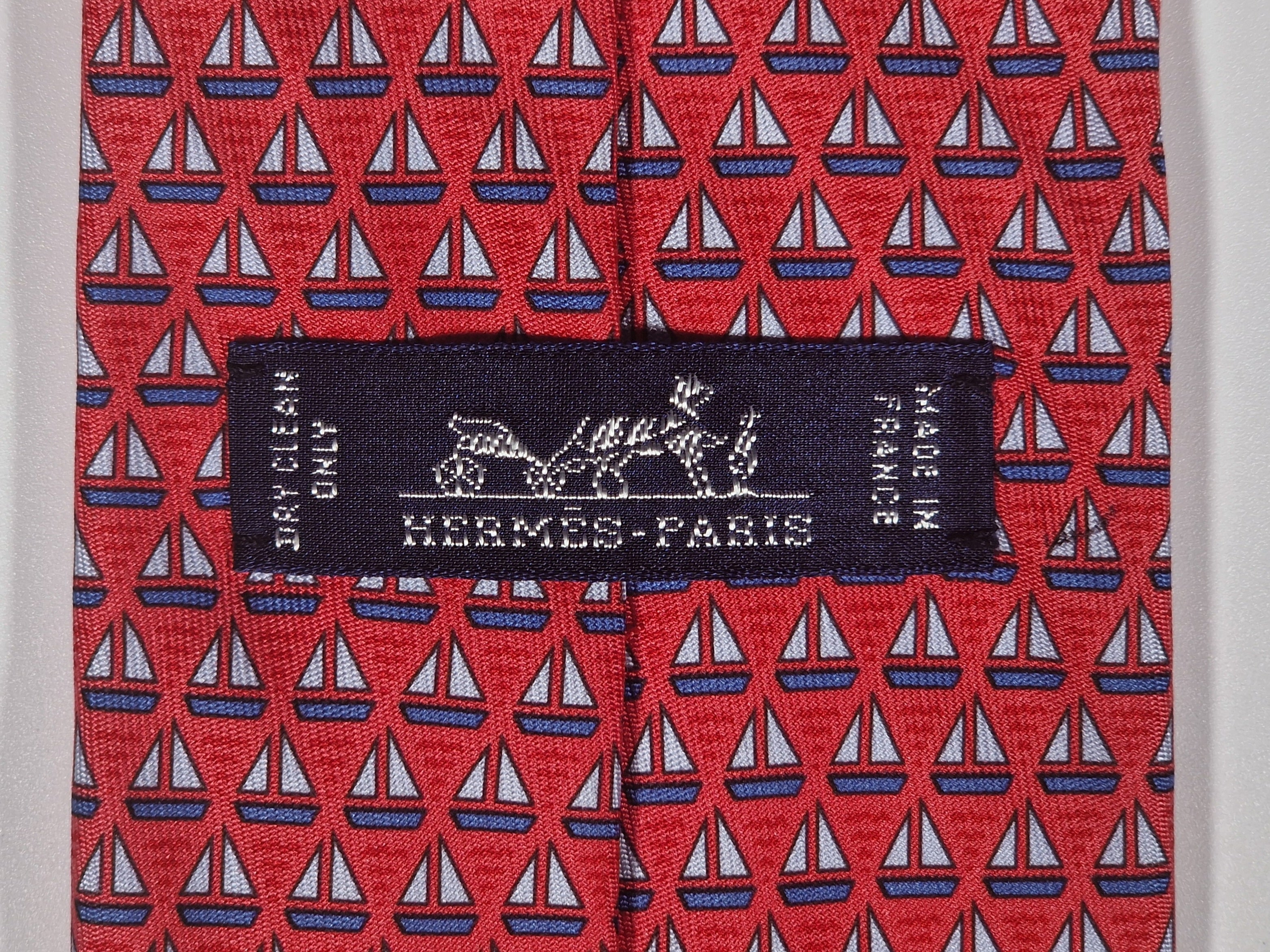 605951 Hermès silk tie red whimsical sailing boats 605951 TA