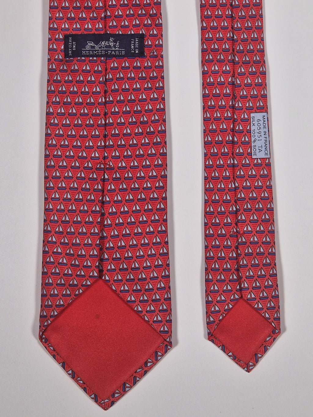 605951 Hermès silk tie red whimsical sailing boats 605951 TA