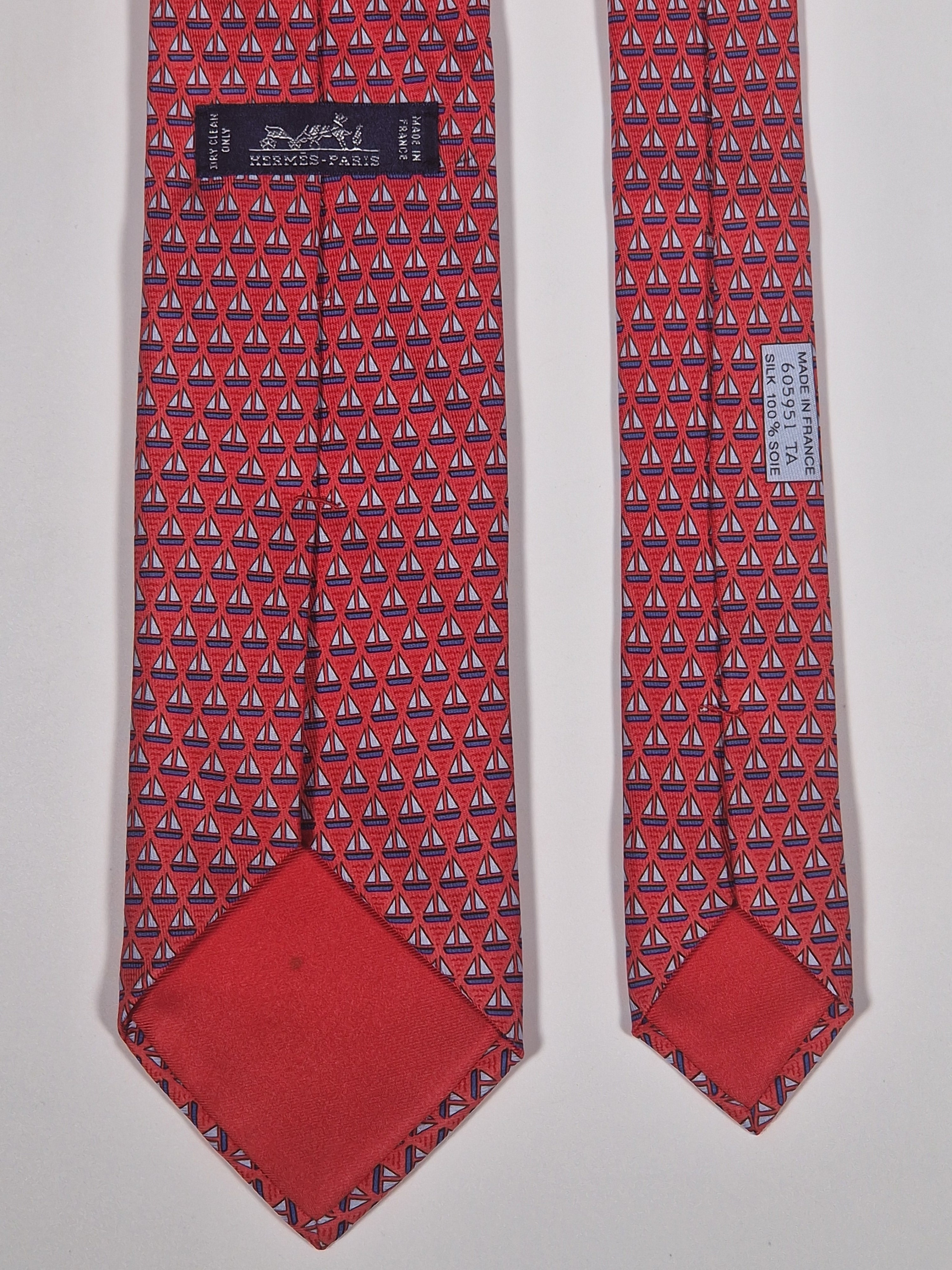 605951 Hermès silk tie red whimsical sailing boats 605951 TA