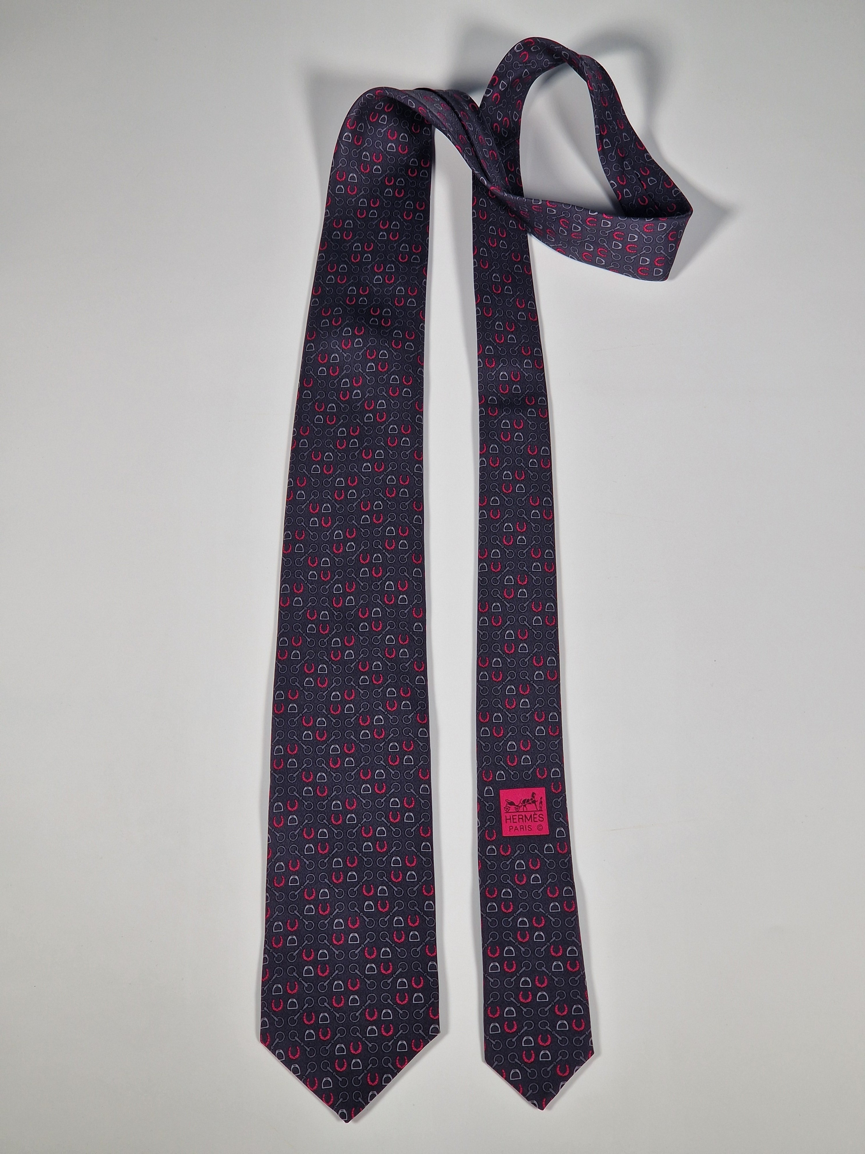 Hermès silk tie grey equestrian pattern 606053 OA