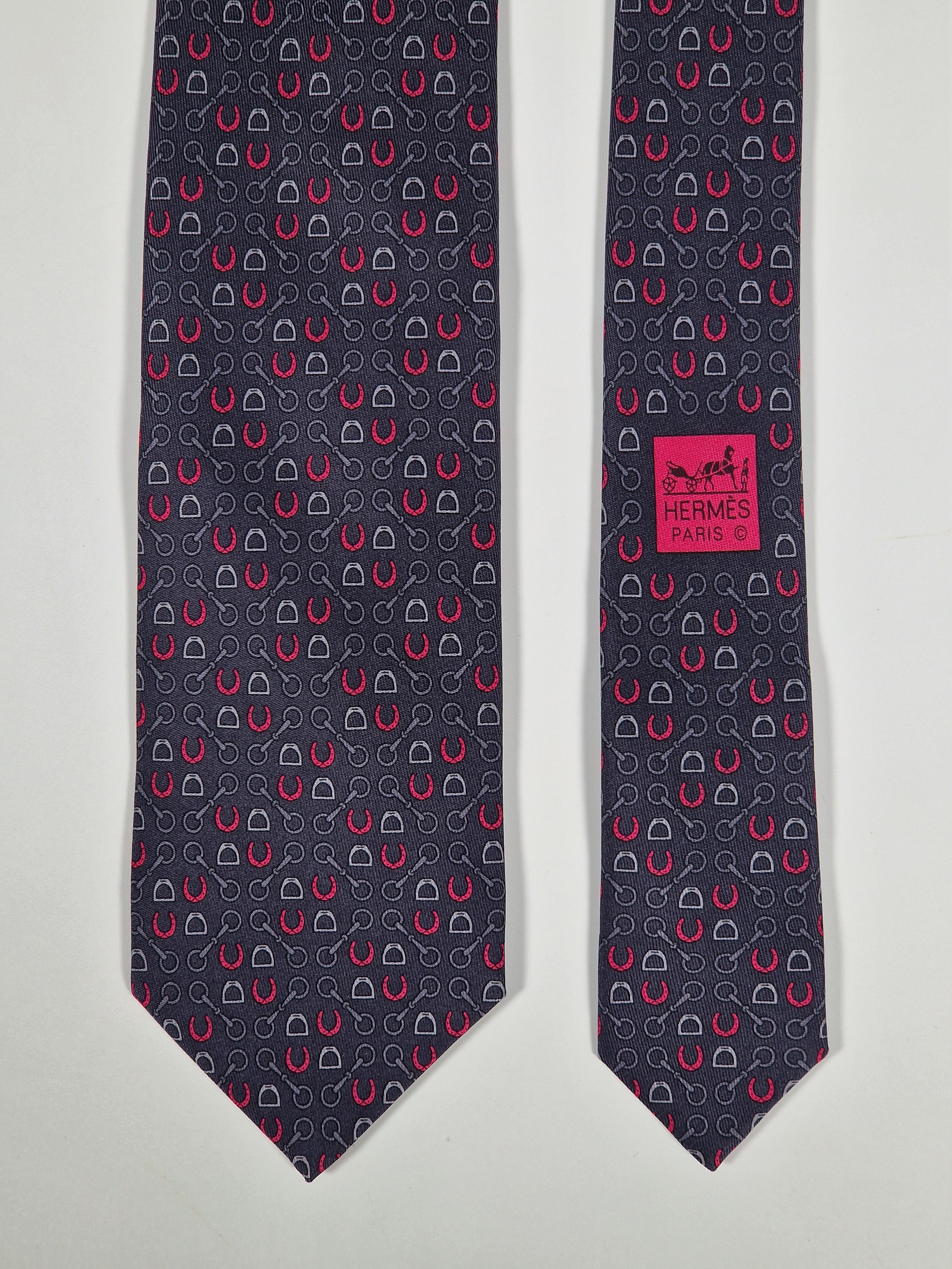 Hermès silk tie grey equestrian pattern 606053 OA