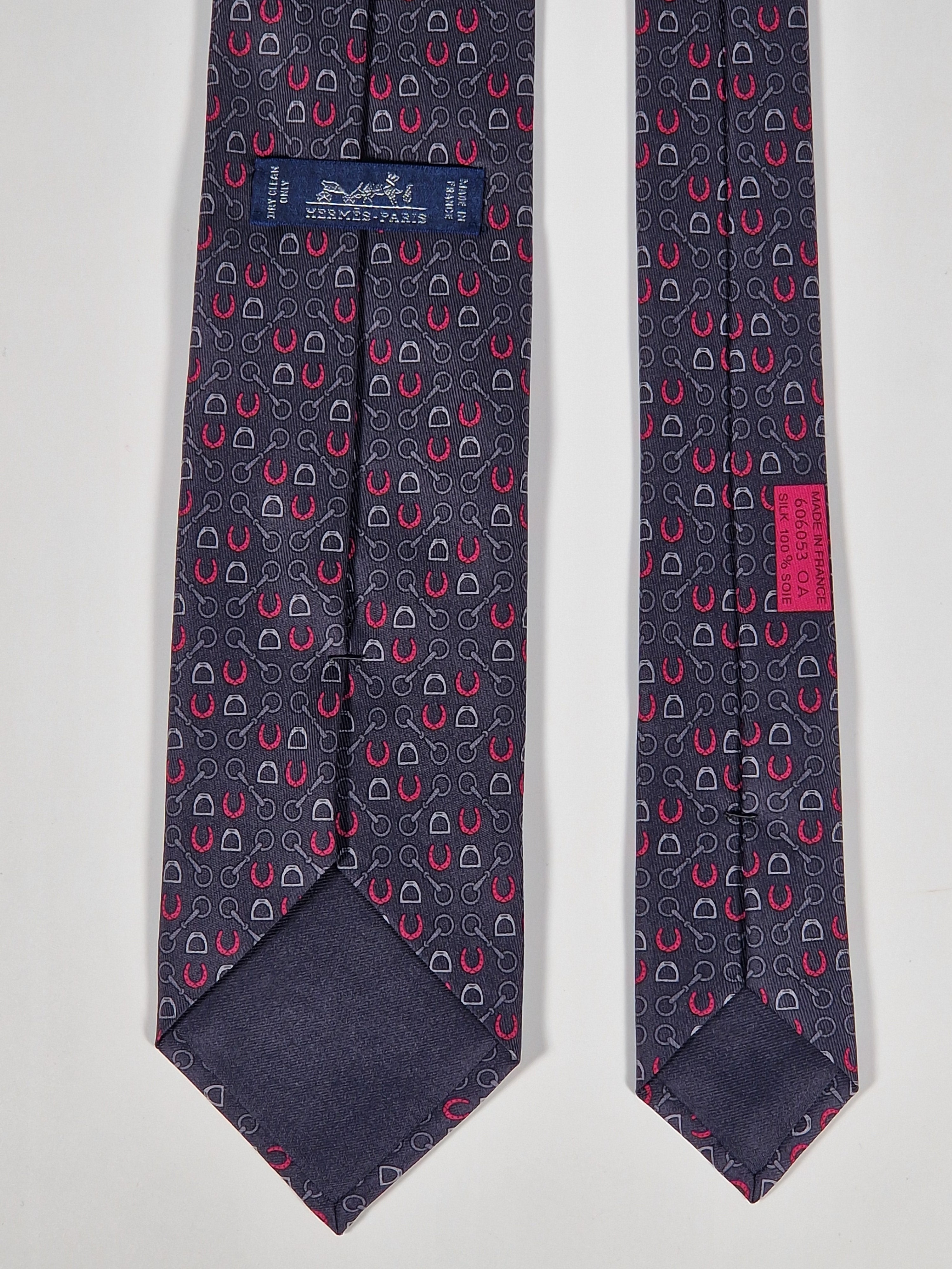 Hermès silk tie grey equestrian pattern 606053 OA