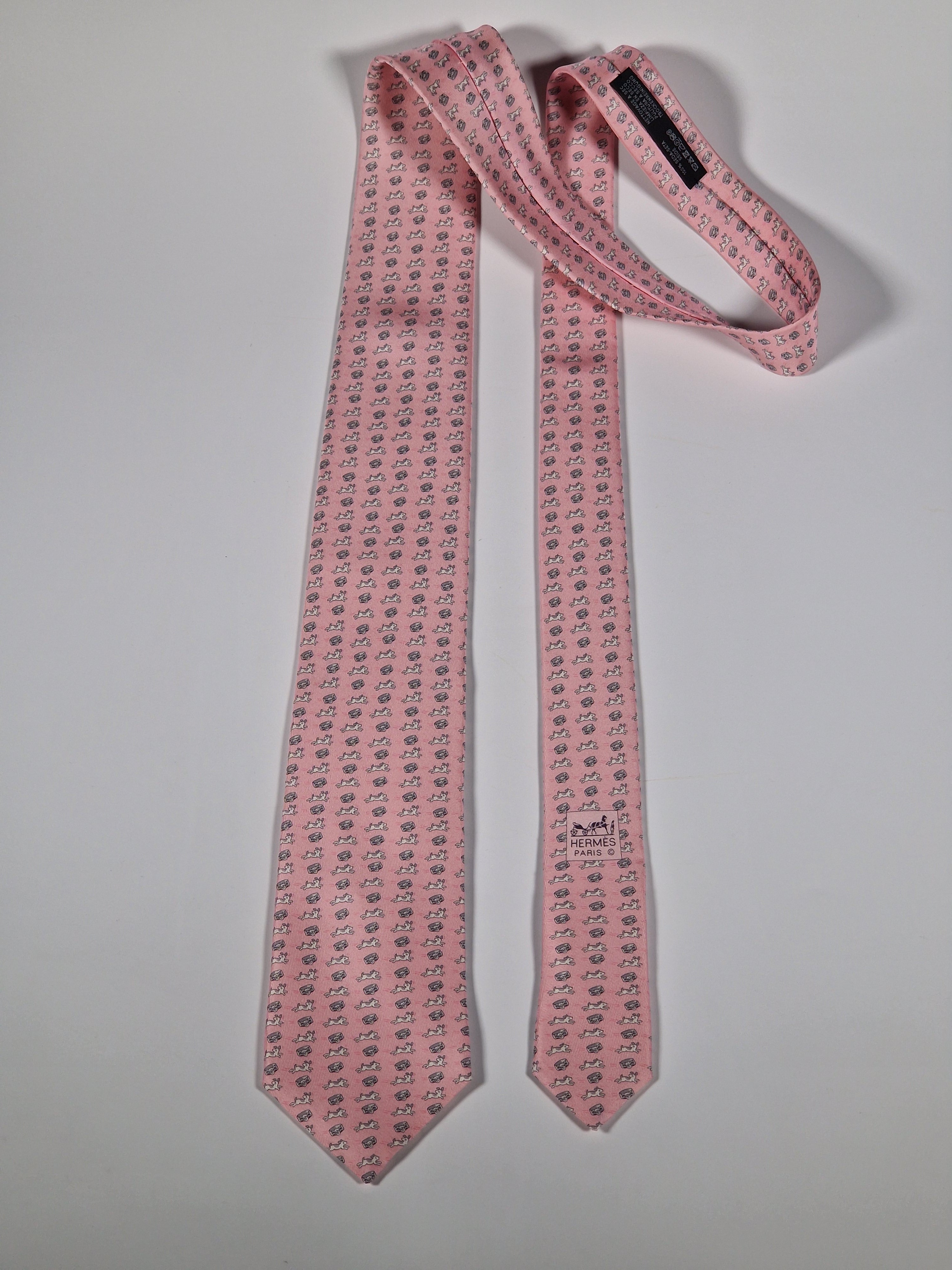 Hermès silk tie pink dog and collar 606216 MA