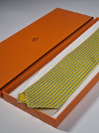 Hermès silk tie yellow equestrian H pattern 606236 MA