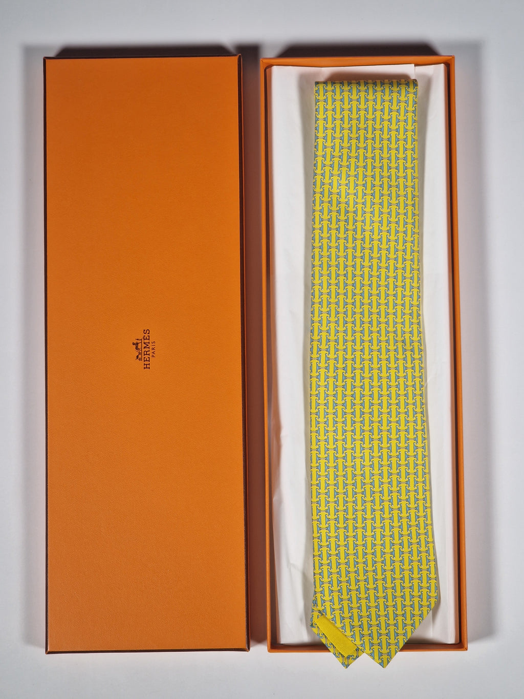 Hermès silk tie yellow equestrian H pattern 606236 MA