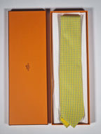 Hermès silk tie yellow equestrian H pattern 606236 MA