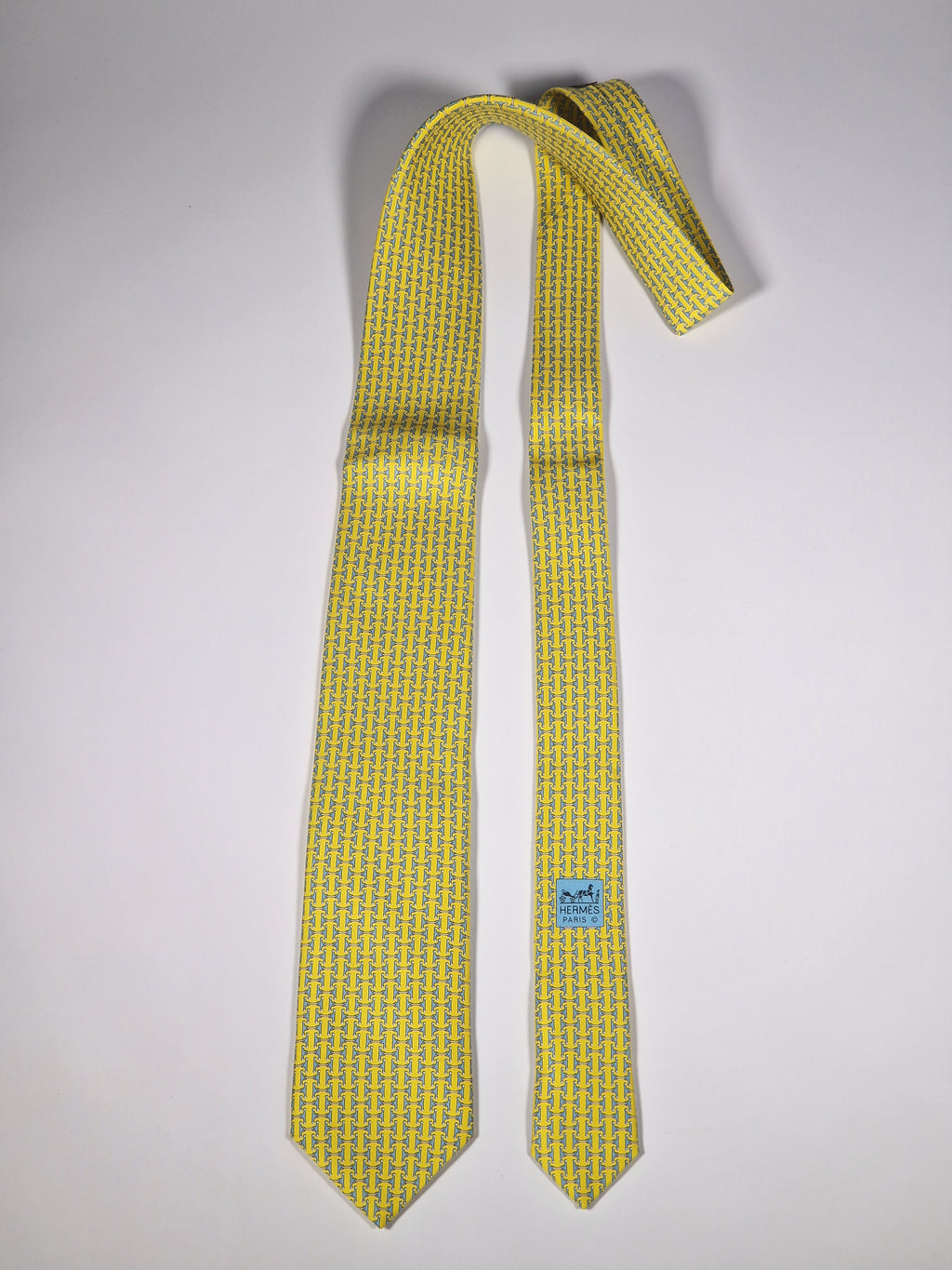 Hermès silk tie yellow equestrian H pattern 606236 MA