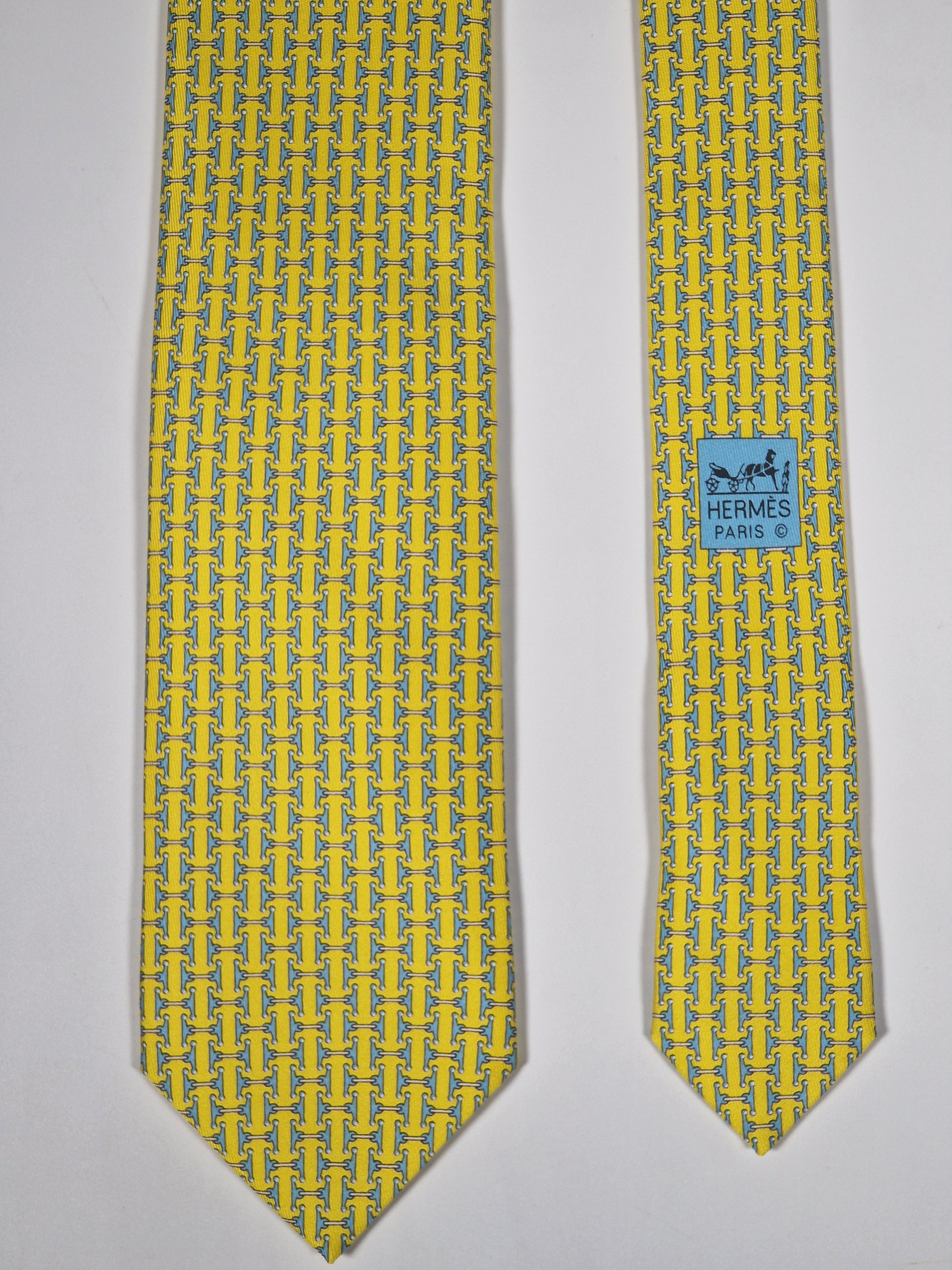 Hermès silk tie yellow equestrian H pattern 606236 MA