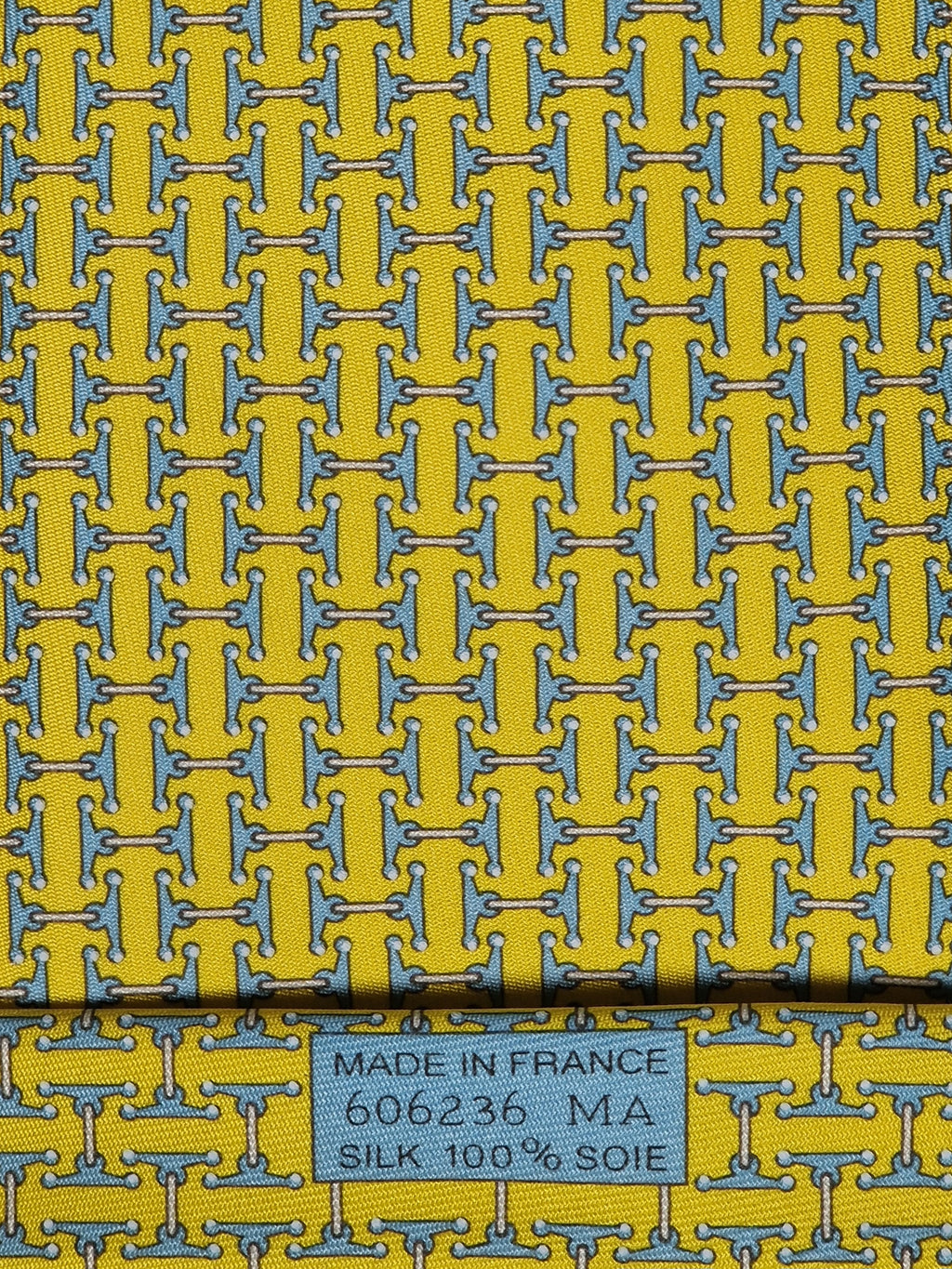 Hermès silk tie yellow equestrian H pattern 606236 MA