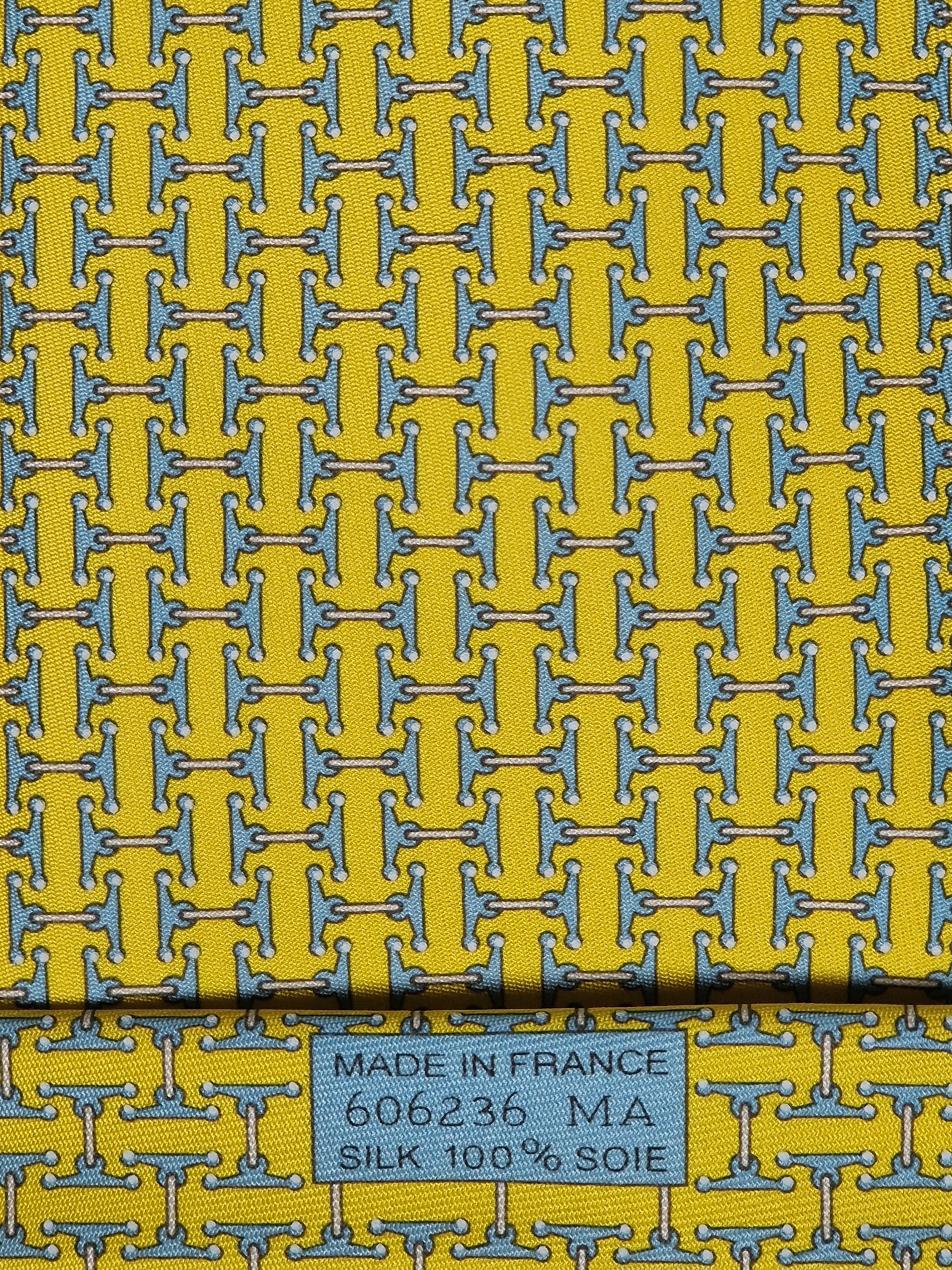 Hermès silk tie yellow equestrian H pattern 606236 MA