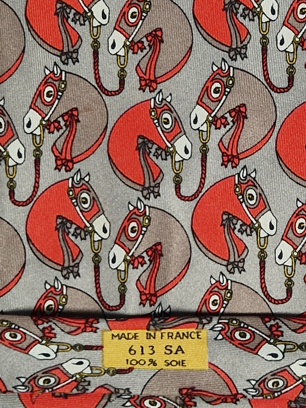 Hermés wide vintage silk tie grey and orange horse 613 SA
